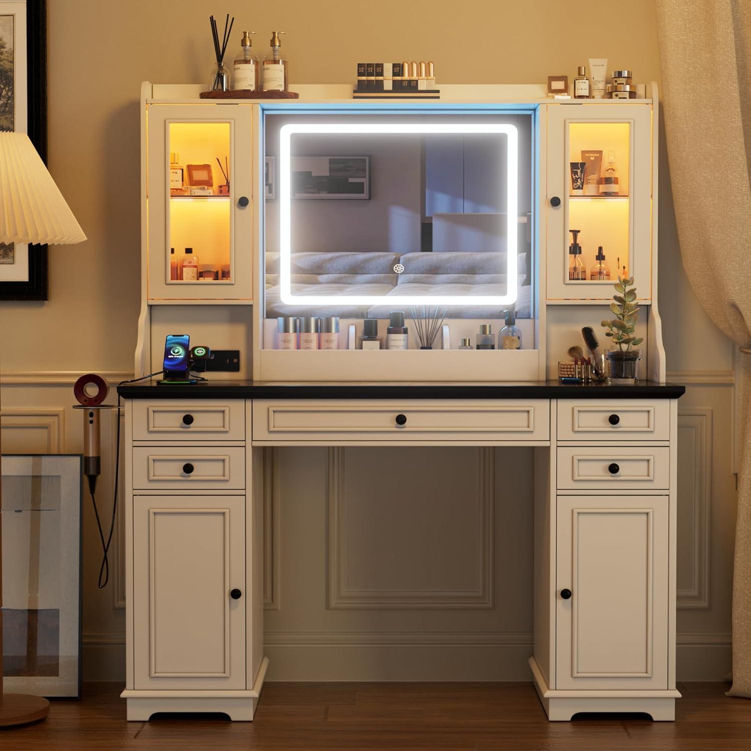 PAKASEPT Large Vanity Desk with Mirror and Lights,Makeup Vanity with 3 Lighting Modes& Charging Station, 5 Drawers, 4 Cabinets, Farmhouse Bedroom Vanity for Women, Girls