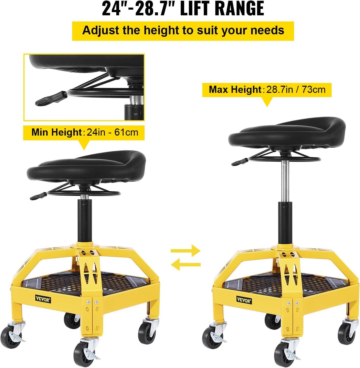 VEVORbrand Rolling Garage Stool, 300lbs Capacity, Adjustable Height from 24 in to 28.7 in, Mechanic Seat with 360-Degree Swivel Wheels and Tool Tray, for Workshop, Auto Repair Shop, Yellow