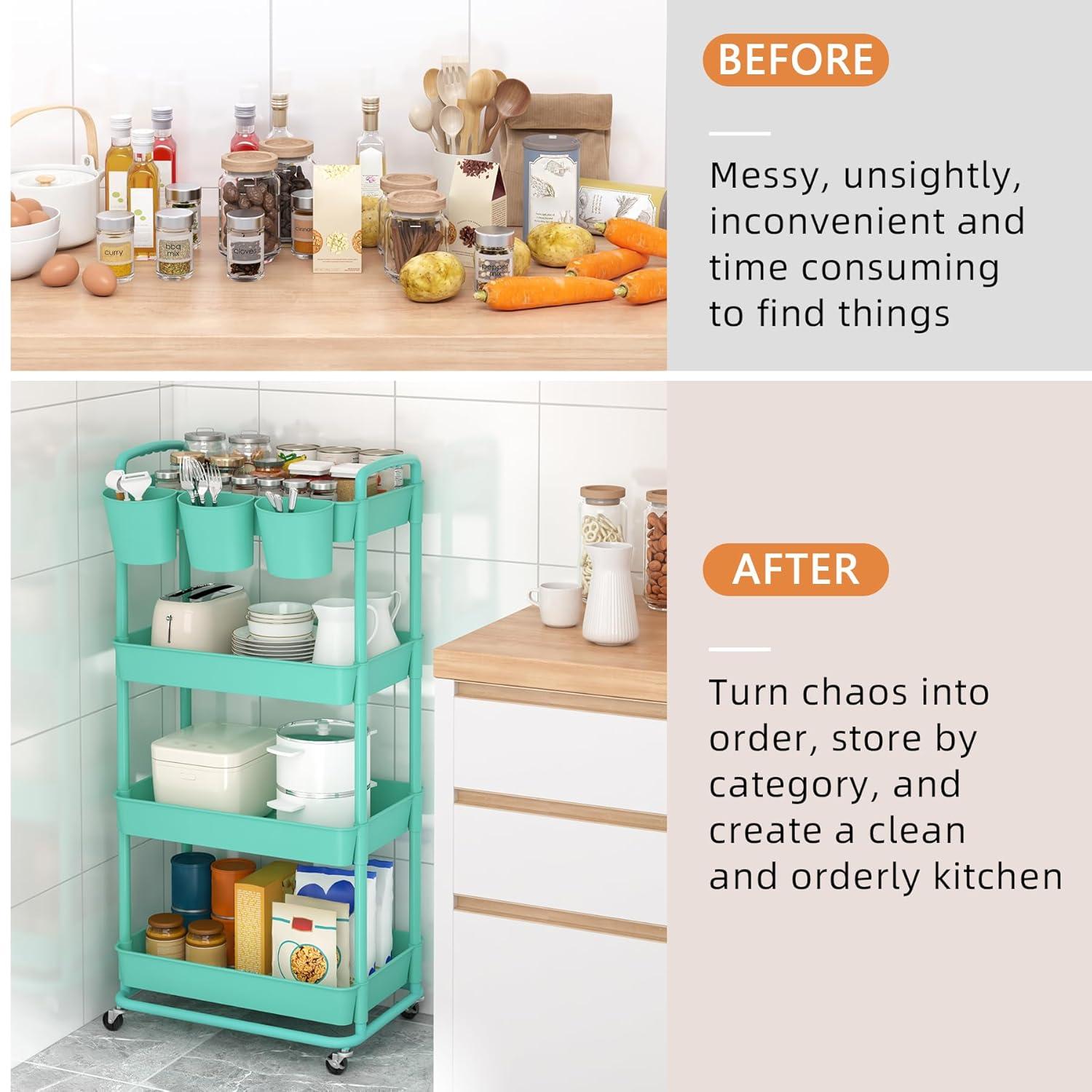 JIUYOTREE 4-Tier Plastic Rolling Storage Cart Utility Cart with Extra Hanging Cups Handles Lockable Wheels for Living Room Bathroom Kitchen Office Green