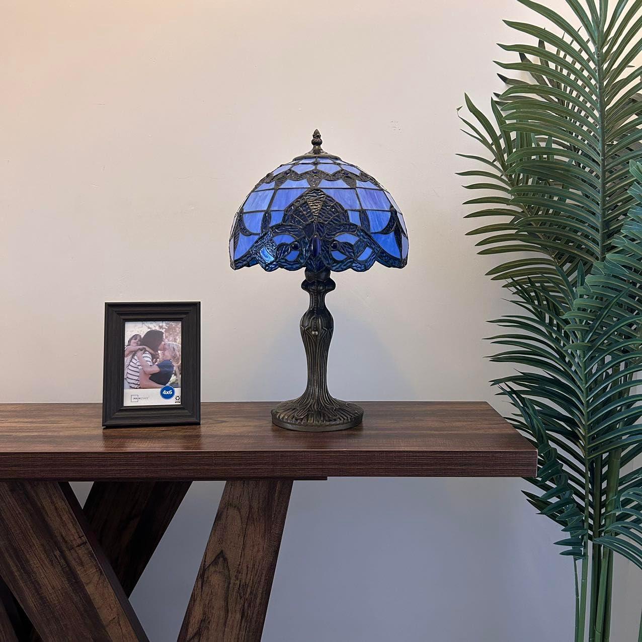 Tiffany Table Lamp Blue Stained Glass Baroque Style Lavender LED Bulb Included for Living Room Bedroom Bedside 12'W*19"H