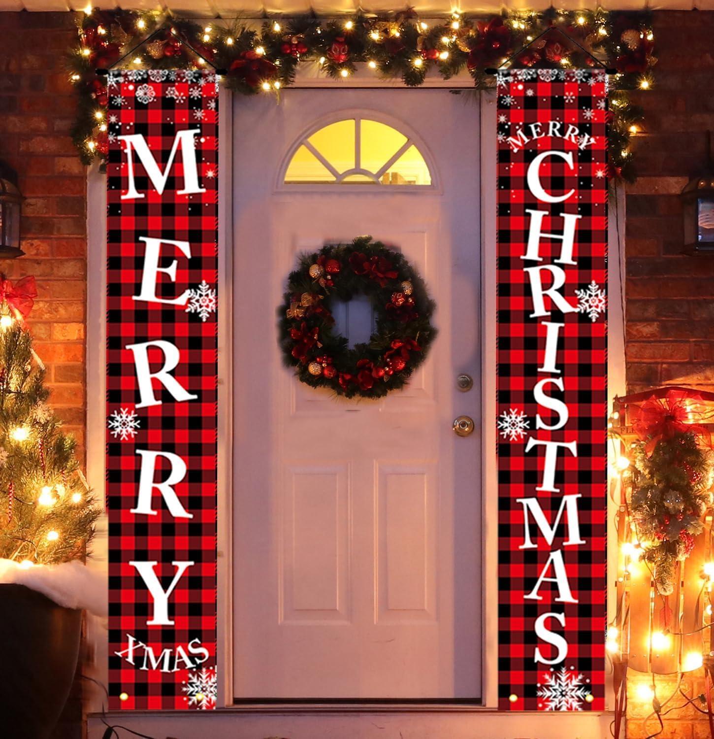 Christmas Decorations Outdoor Yard Front Porch Sign Set, Red Black Buffalo Plaid Door Banner, Hanging Merry Christmas Decorations for Home, Indoor Outdoor Xmas Decor Wall Front Door Yard Garage