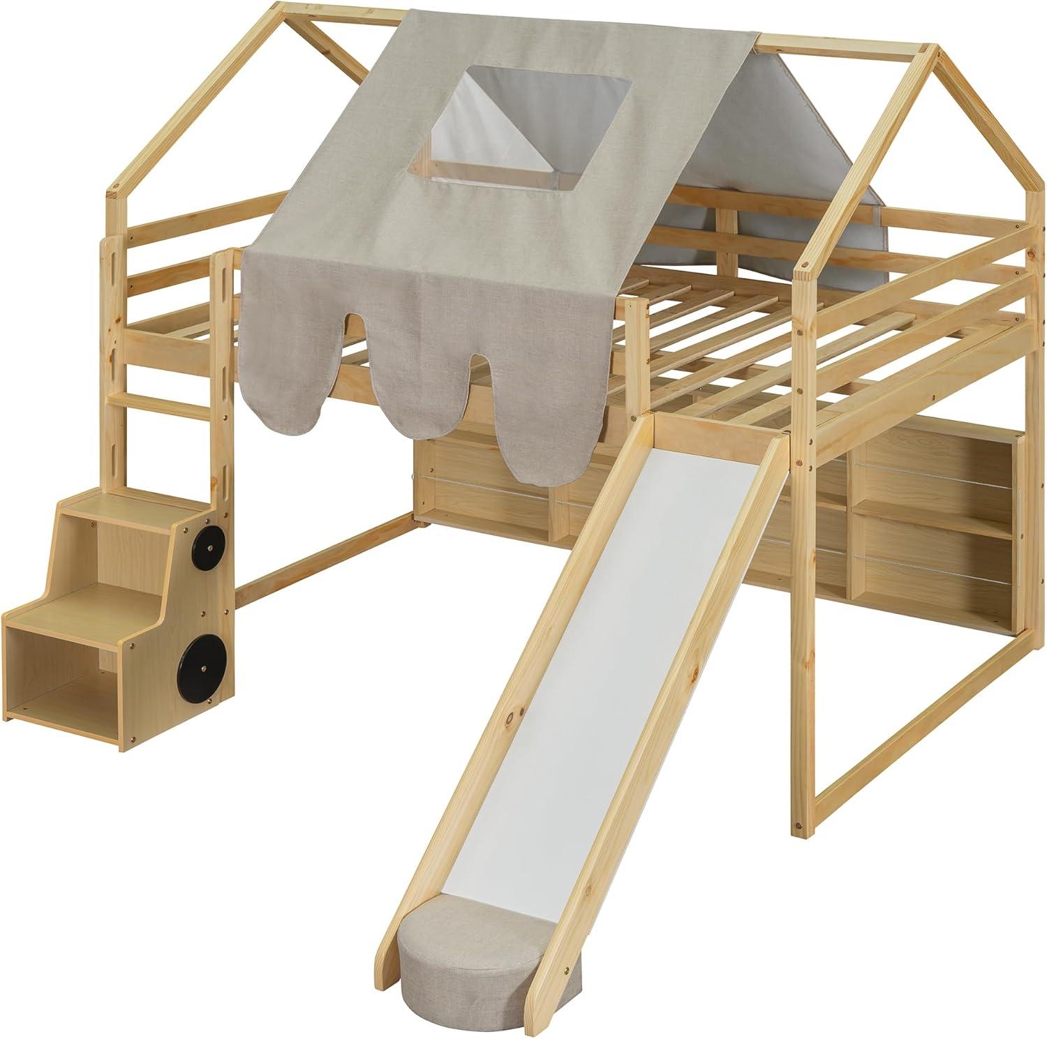 Kids Loft Bed Full Size, Full Loft Bed with Slide and Ladder, Kids House Loft Bed with Storage Shelf and Removable Tent, Full Size Loft Bed for Girls, Boys(Full Natural Beige)