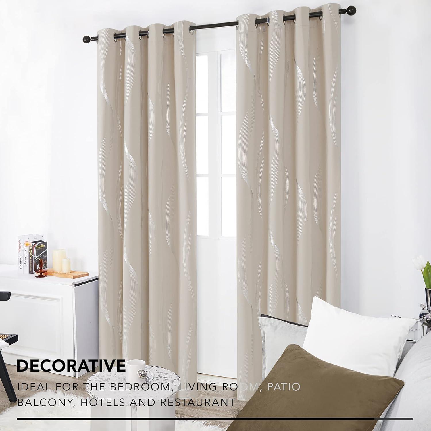 Deconovo Silver Wave Room Darkening Grommet Curtains (2 Panels) Light Beige 52W x 84L
