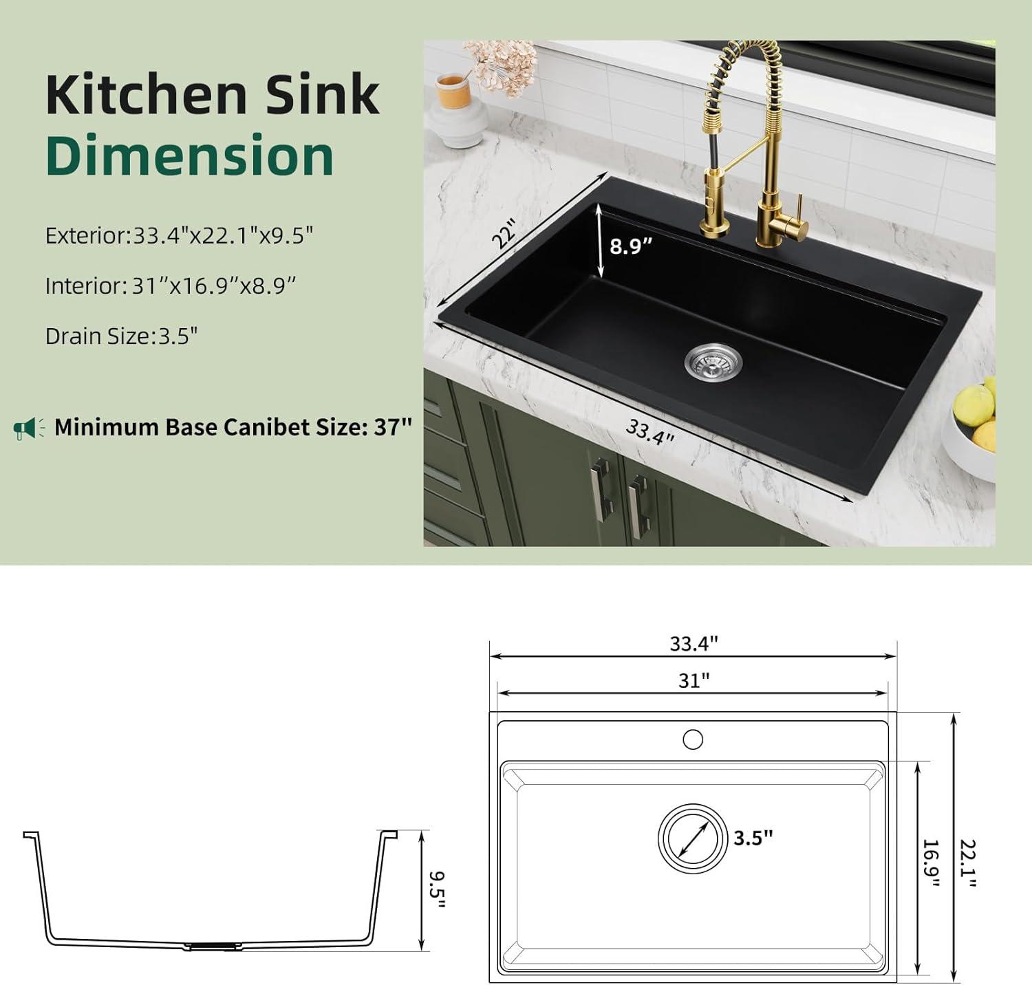 Davivy 33 Inch Black Granite Composite Kitchen Sink Workstation, 33 X 22 Quartz Composite Dual Mount Sink, Matte Black Composite Single Bowl Sink