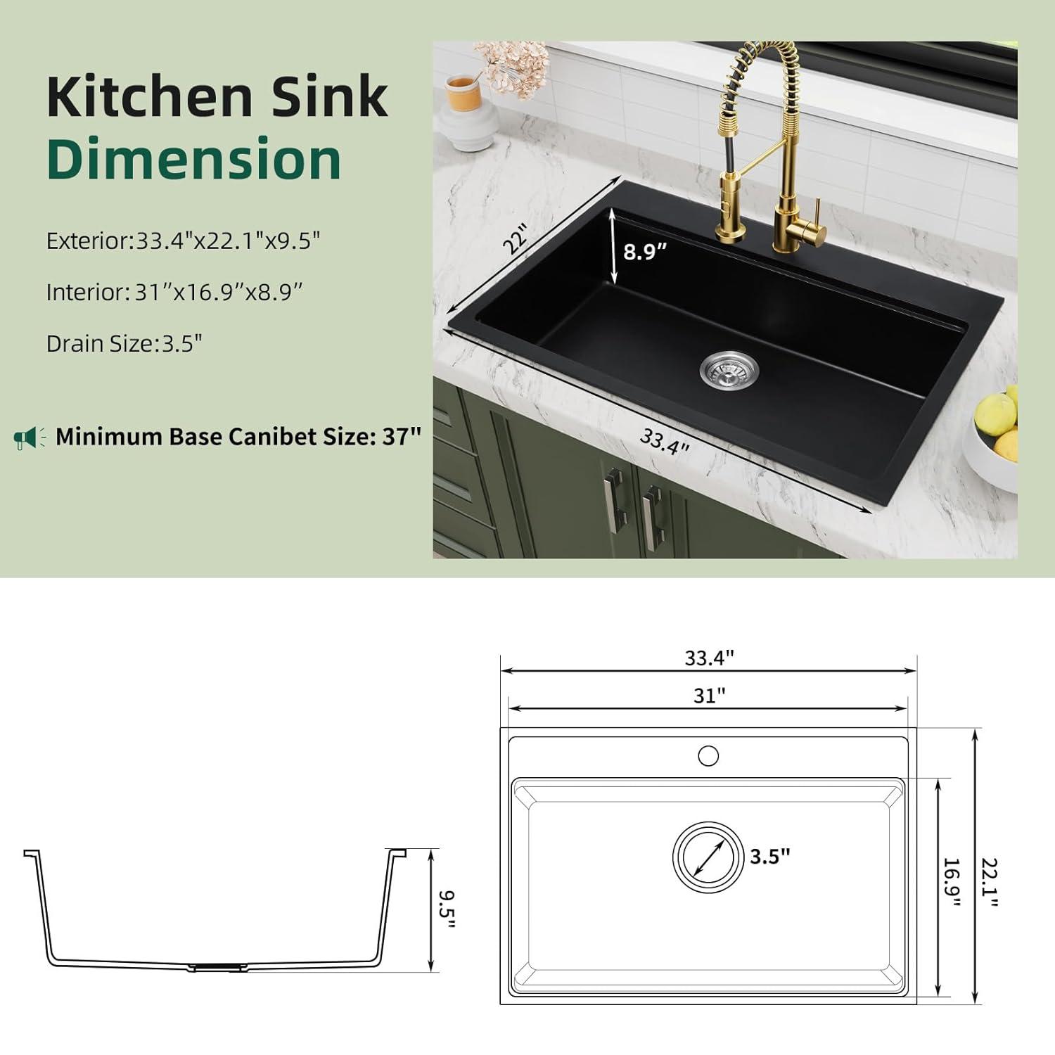 Davivy 33 Inch Black Granite Composite Kitchen Sink Workstation, 33 X 22 Quartz Composite Dual Mount Sink, Matte Black Composite Single Bowl Sink