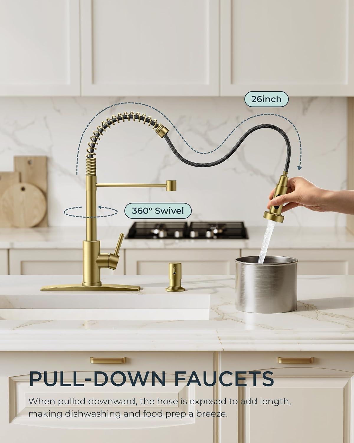 Gold Stainless Steel Pull Down Kitchen Faucet with Soap Dispenser