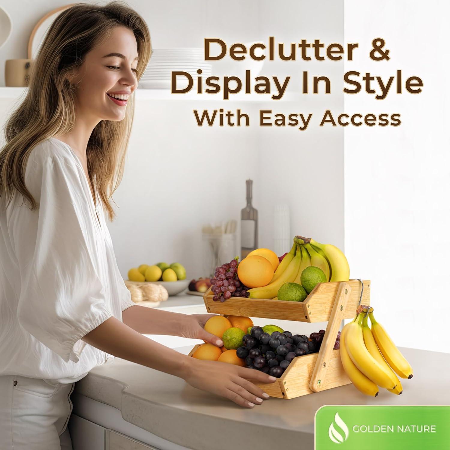 Bamboo Basket for Kitchen Counter Fruit & Vegetable Storage, Two Tier Wooden Fruit Bowl by Golden Nature