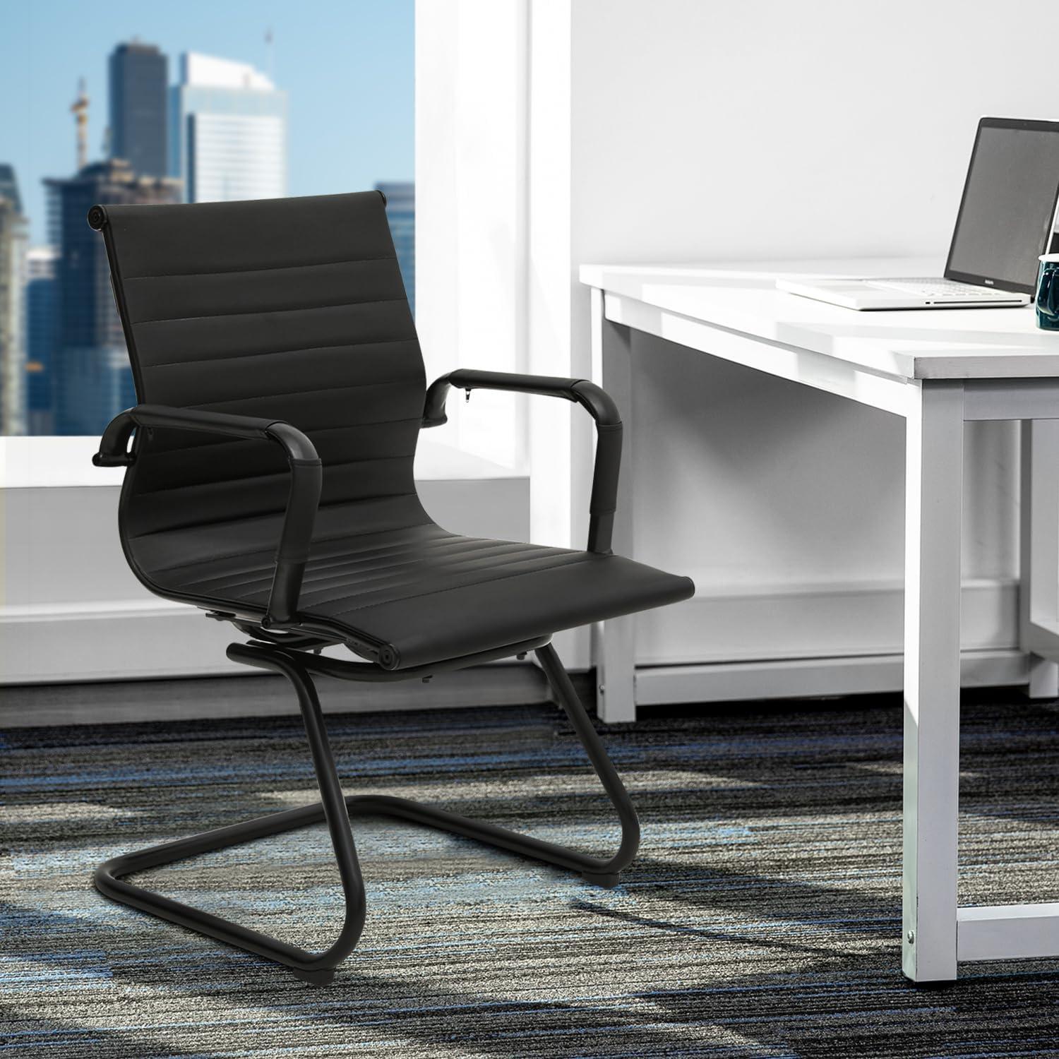 Guyou Modern Mid Back Office Guest Chair Set of 2, Faux Leather Reception Chair Computer Chair with Armrests and Metal Sled Base for Meeting/Waiting/Conference Room, No Wheels, Black