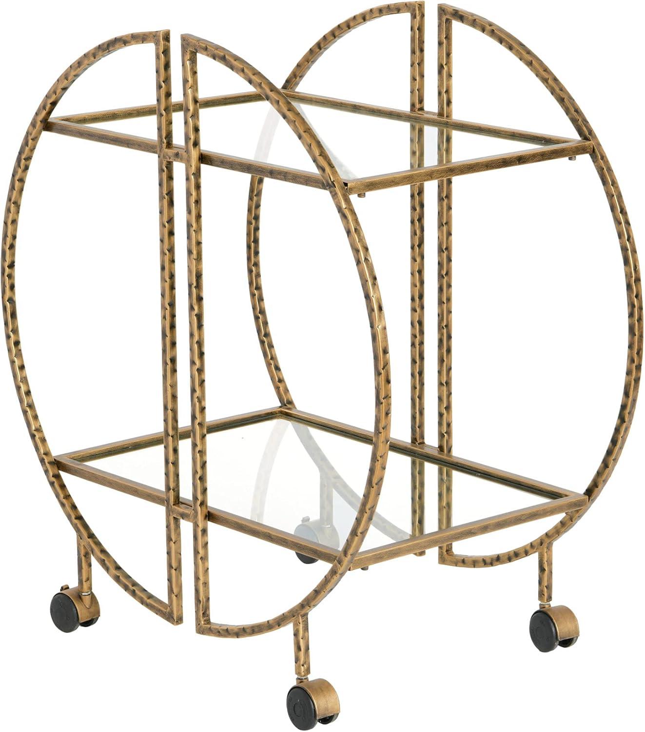 Ember Interiors Modern Round Hammered Brass Bar Cart with Wheels
