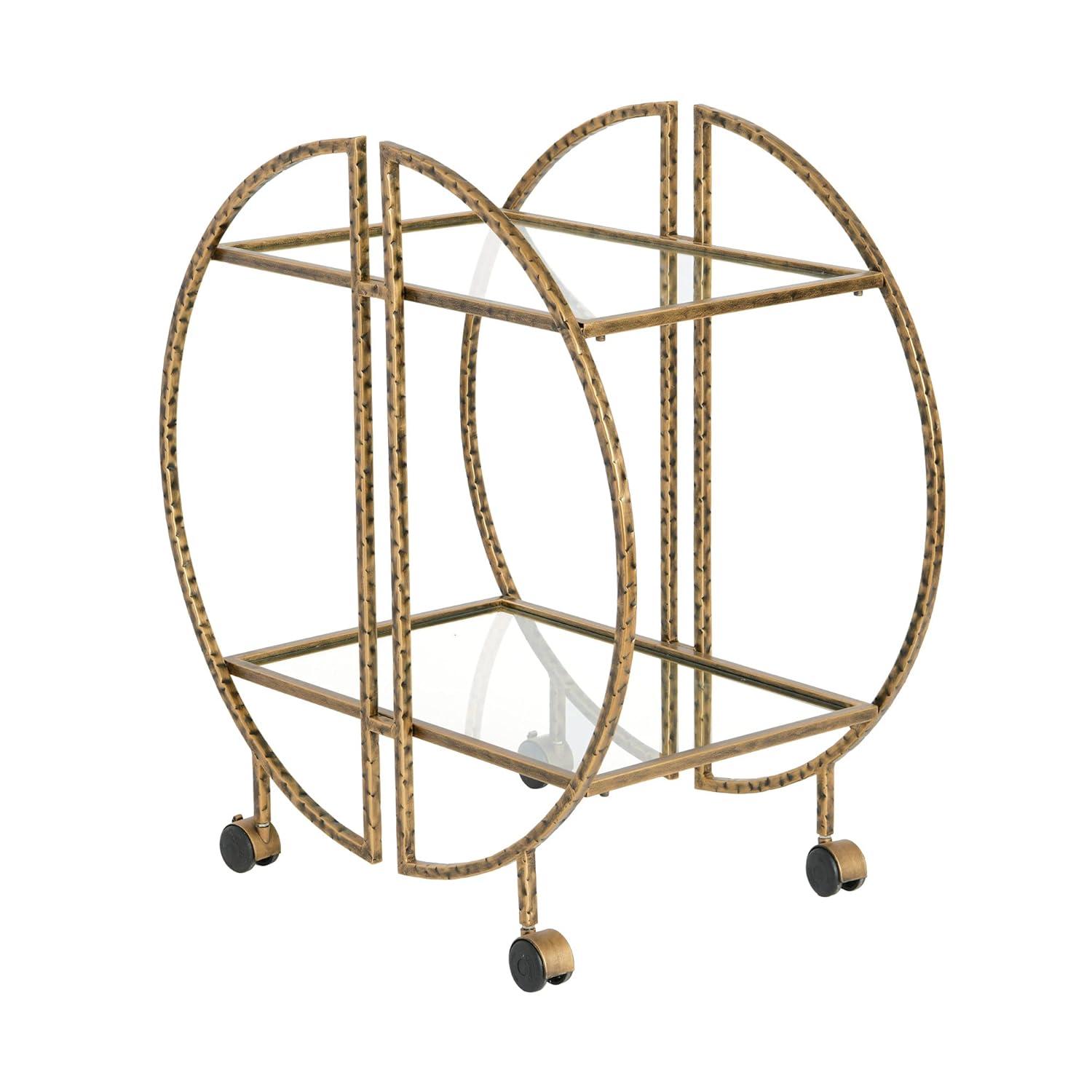 Ember Interiors Modern Round Hammered Brass Bar Cart with Wheels