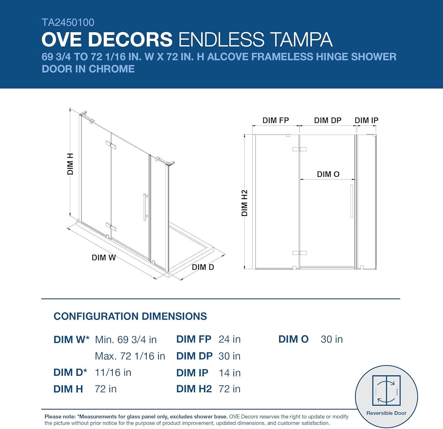 Endless Tampa 72.09'' W 72.01'' H Frameless Rectangle Reversible Shower Kit