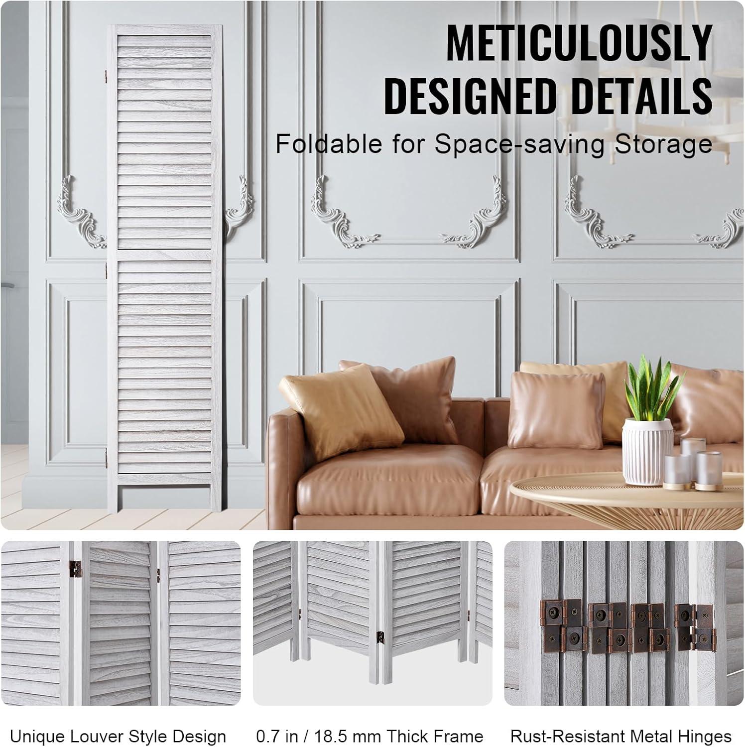 Wood Room Divider, 8 Panel Wood Folding Privacy Screen, 66.9 in. Tall Indoor Louvered Wooden Partition, Portable