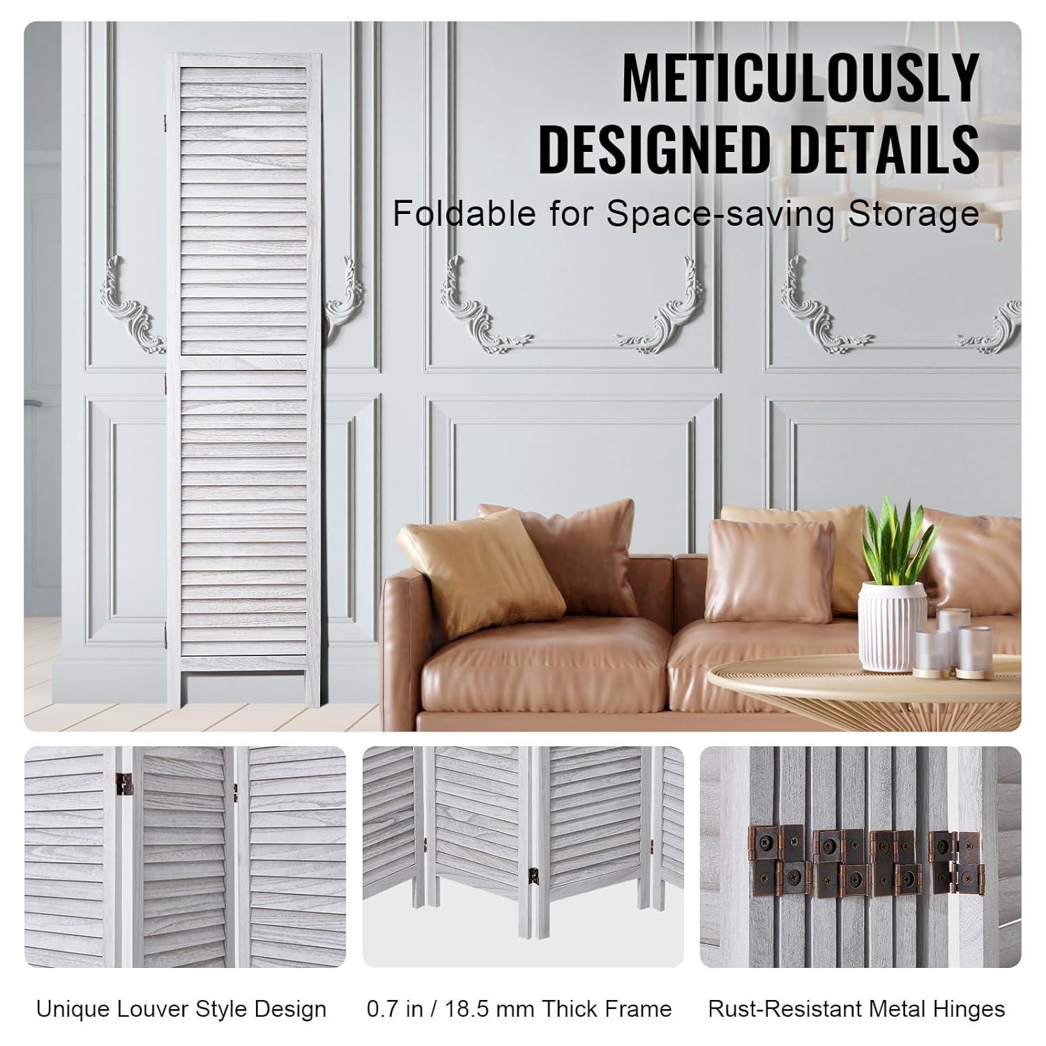 Wood Room Divider, 8 Panel Wood Folding Privacy Screen, 66.9 in. Tall Indoor Louvered Wooden Partition, Portable