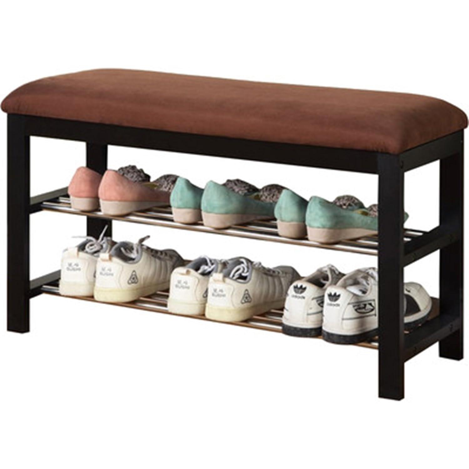 Roundhill Furniture Wood Shoe Bench with Chocolate Microfiber Seat, Black