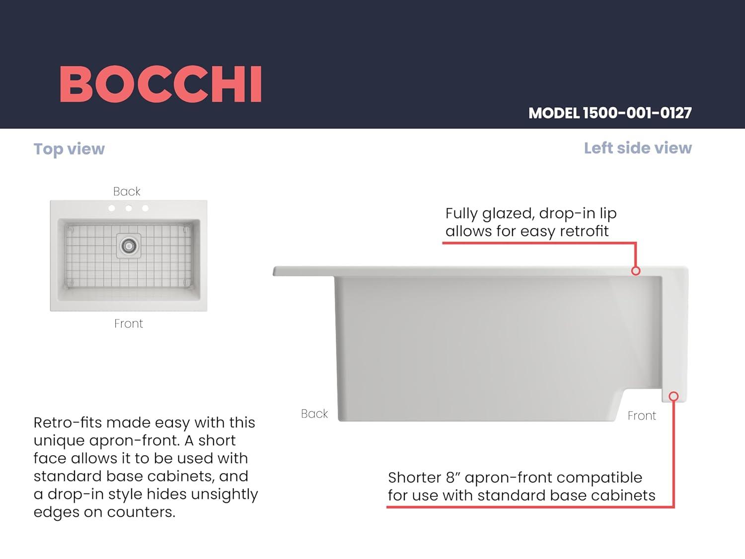 BOCCHI Nuova Apron Front Drop-In Fireclay 34 in. Single Bowl Kitchen Sink with Protective Bottom Grid and Strainer in White