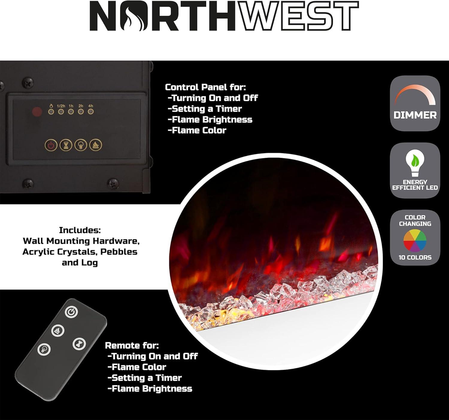 Northwest 36-Inch Modern Wall-Mount Electric Fireplace with Remote