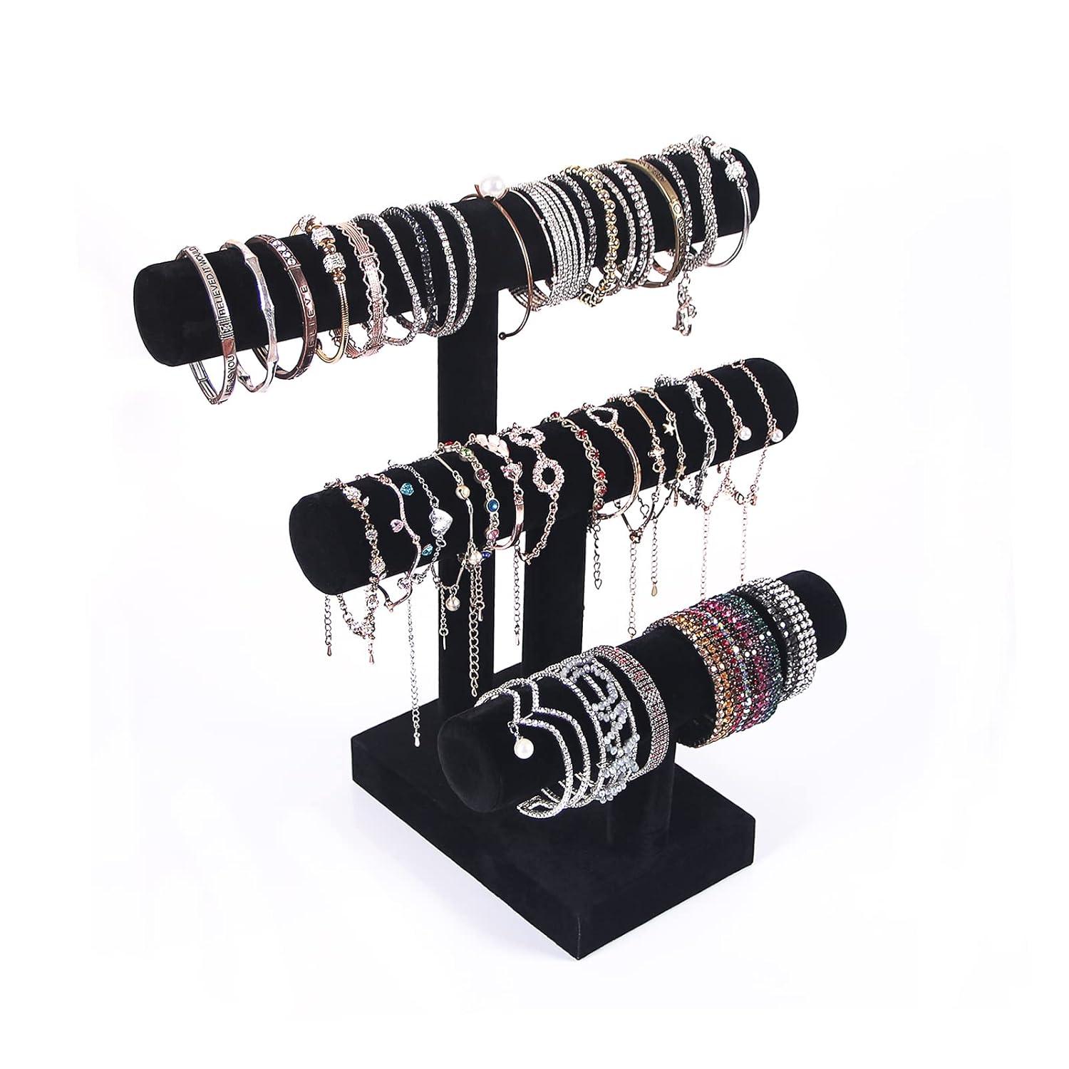 T Bar Bracelet Display Stand,Bracelet Organizer Holder,Jewelry Display Stand, Necklace Bangle Scrunchie Watch Organizer (Black, 3 tier)
