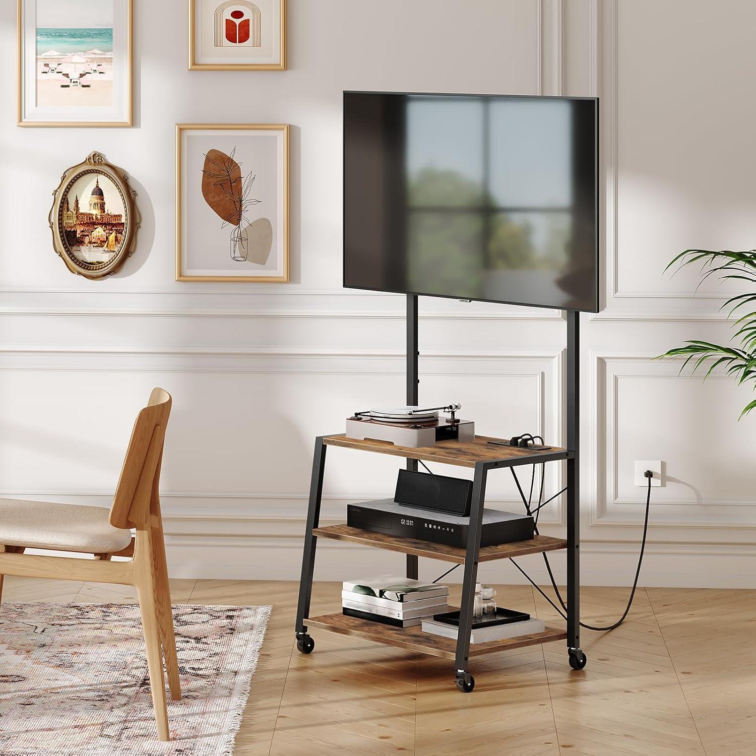 HOOBRO Rolling TV Stand with Mount and Power Outlet Up to 55 inch TV, Corner Entertainment Center, Small TV Stand with 3-Tier Storage Shelves for Living Room, Bedroom, Rustic Brown and Black BF66UDS01