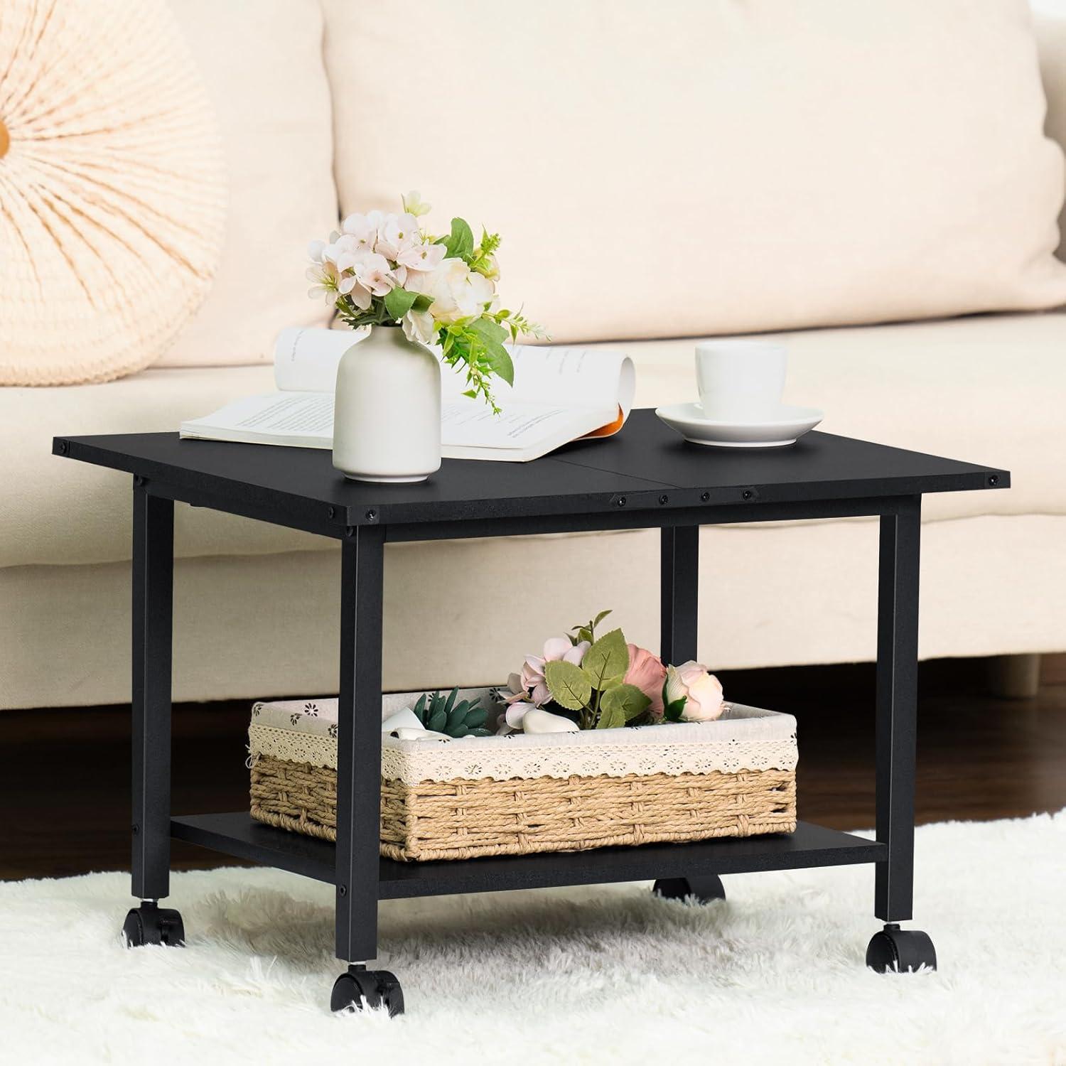 Black Metal 2-Tier Mobile Printer Stand with Shelf