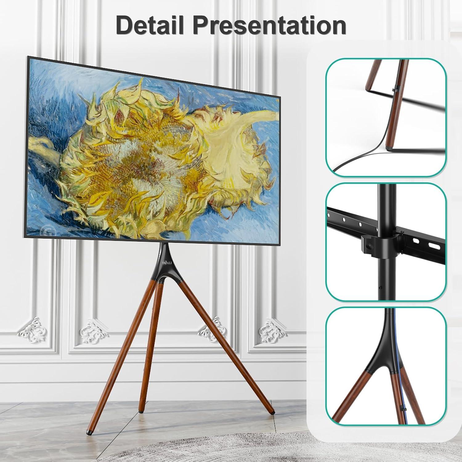 WALI Tripod TV Stand, Modern Easel TV Stand for 45 to 65 inch Screens, Portable TV Floor Stand with Beech Wood Legs Stand, Height Adjustable Corner TV Mount for Home, Studio,Office (TFS001XL), Black