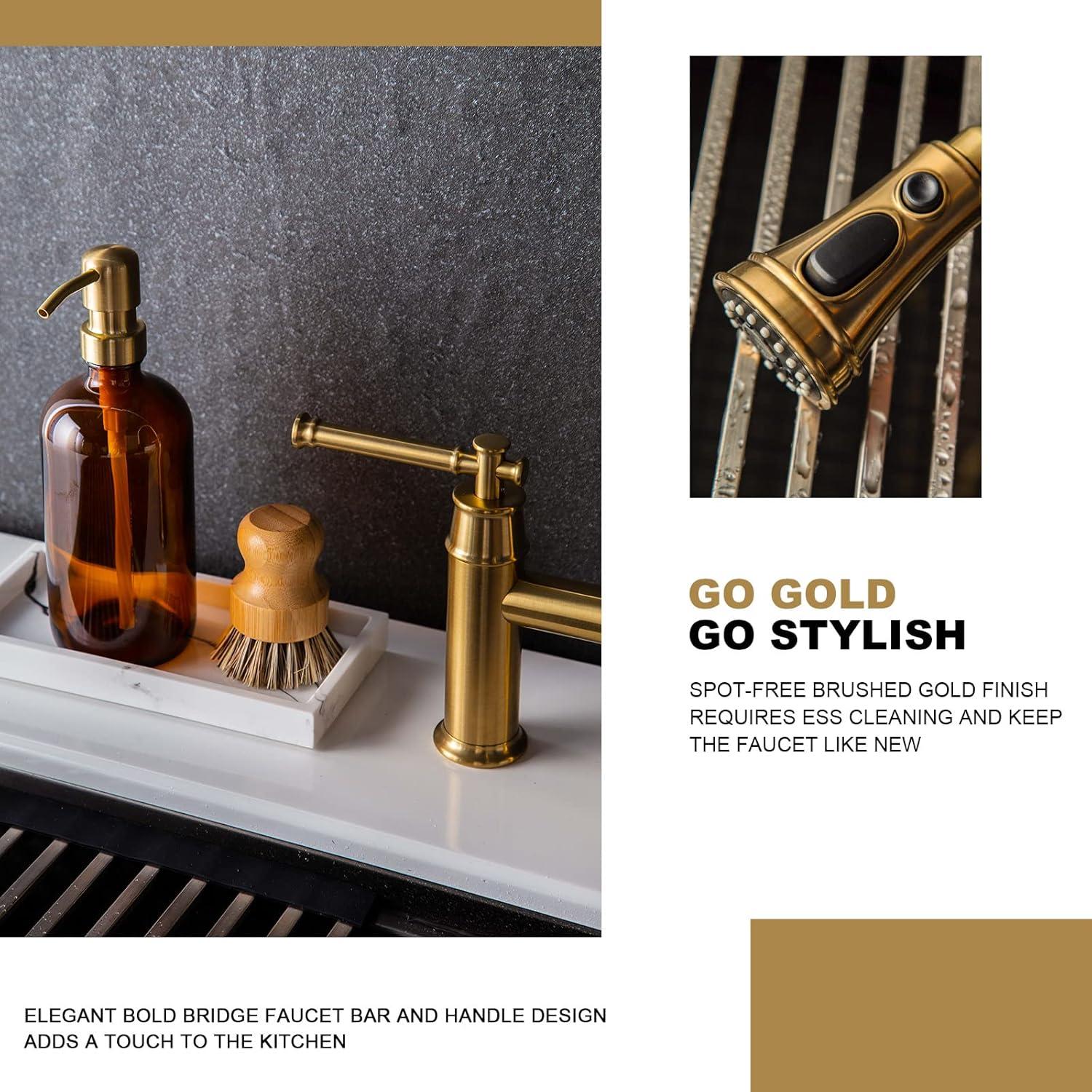 Brushed Gold Brass Bridge Kitchen Faucet with Pull-Out Spray