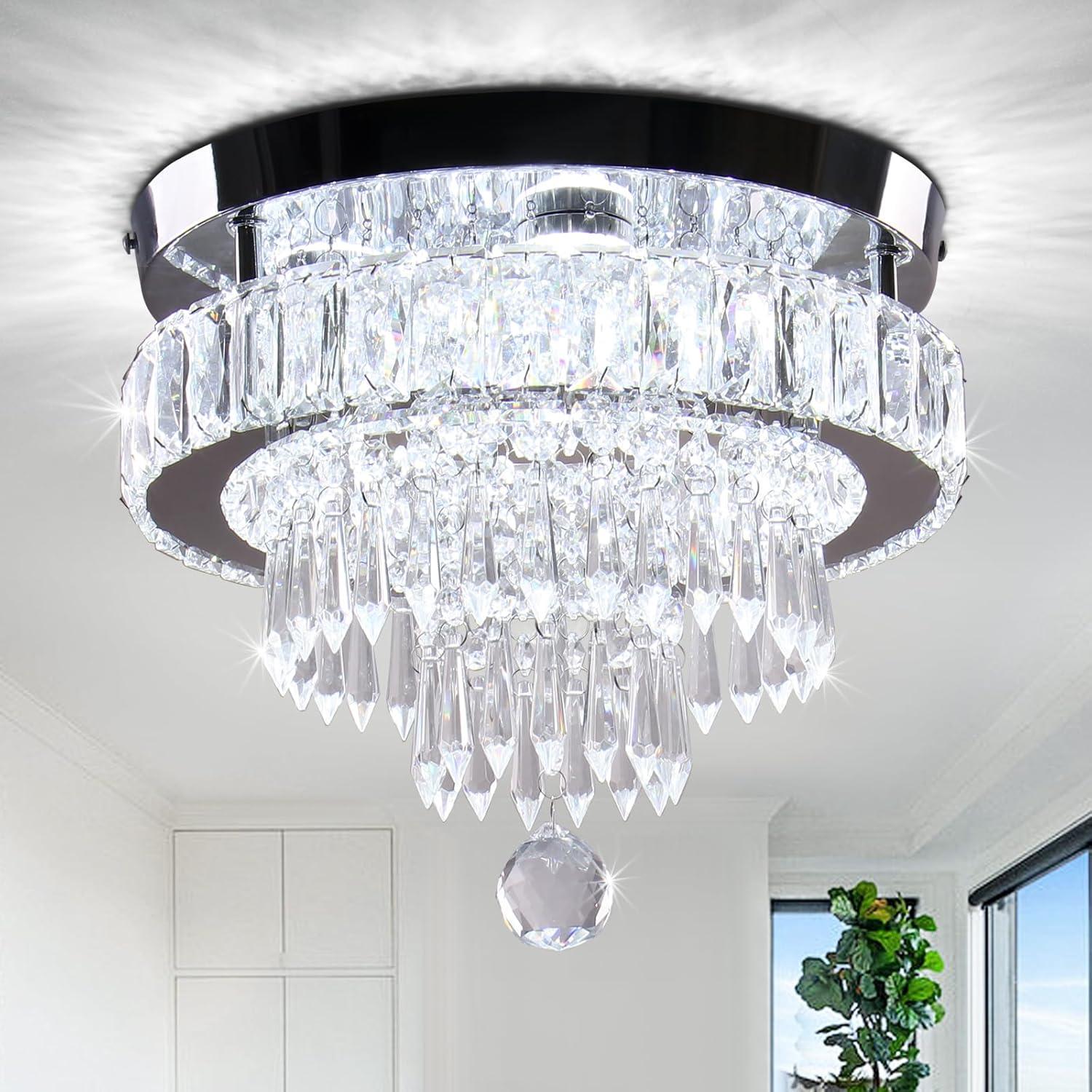 House of Hampton® House of Hampton® 11.8" Crystal Chandeliers Modern Crystal Ceiling Light LED Chandeliers Semi Flush Mount Chandelier Light for Bedrooms Dining Living Room Hallway (6500K Cool White Light)