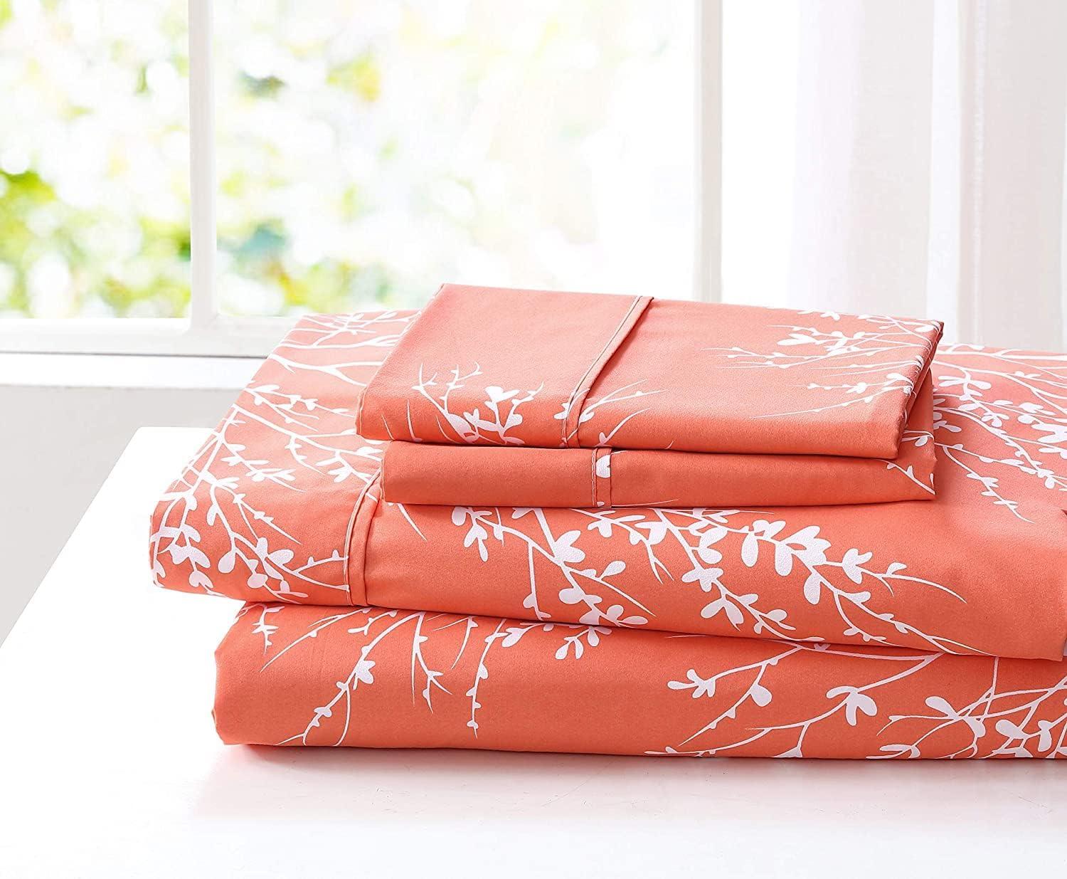 Coral and White Floral Queen Microfiber Sheet Set