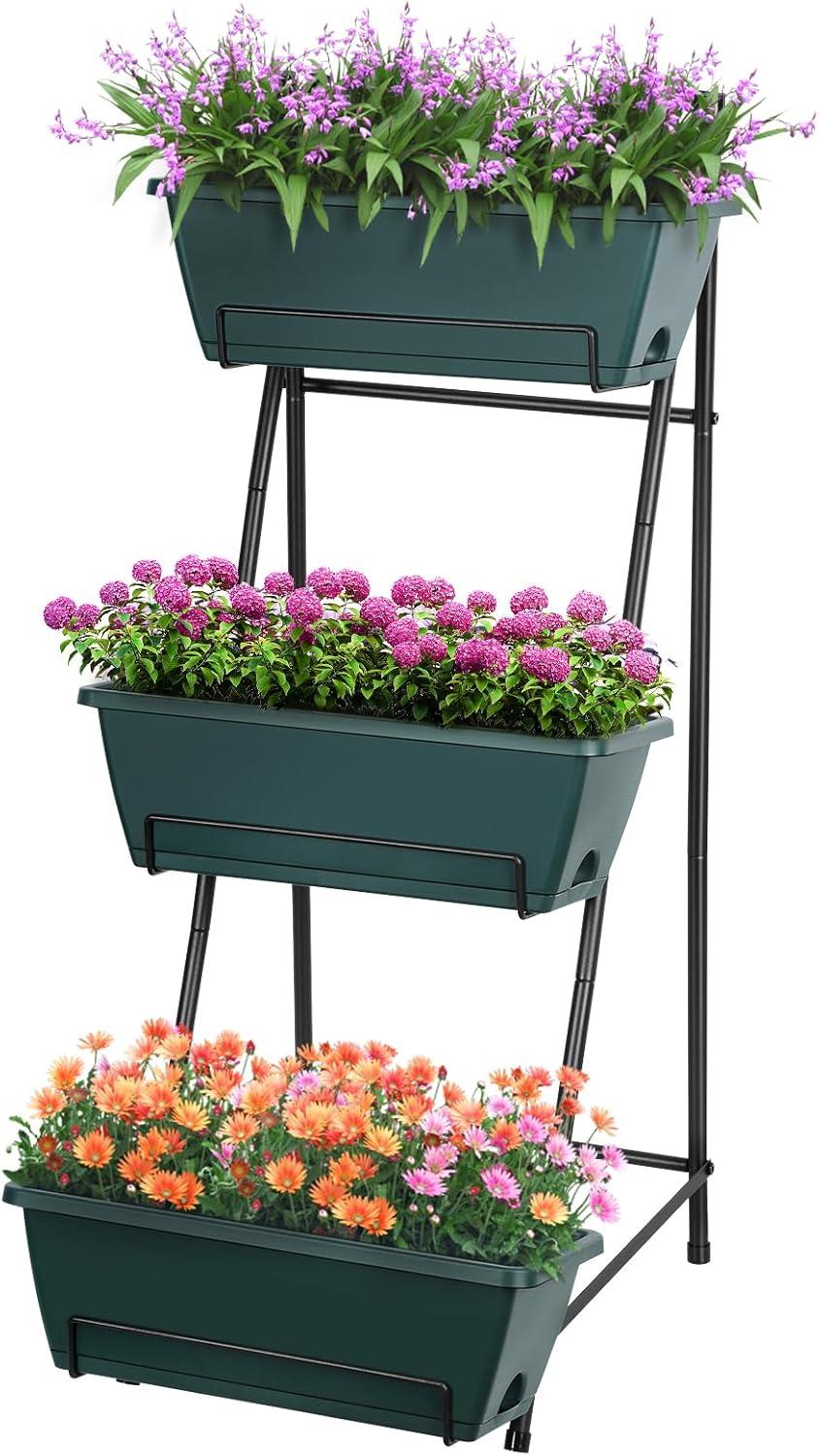 Raised Garden Bed 3 Tier Vertical Garden Planter Standing Garden Bed Planter Box Outdoor Herb Planter with Drainage Holes Removable Tray for Patio Balcony Porch Green C49