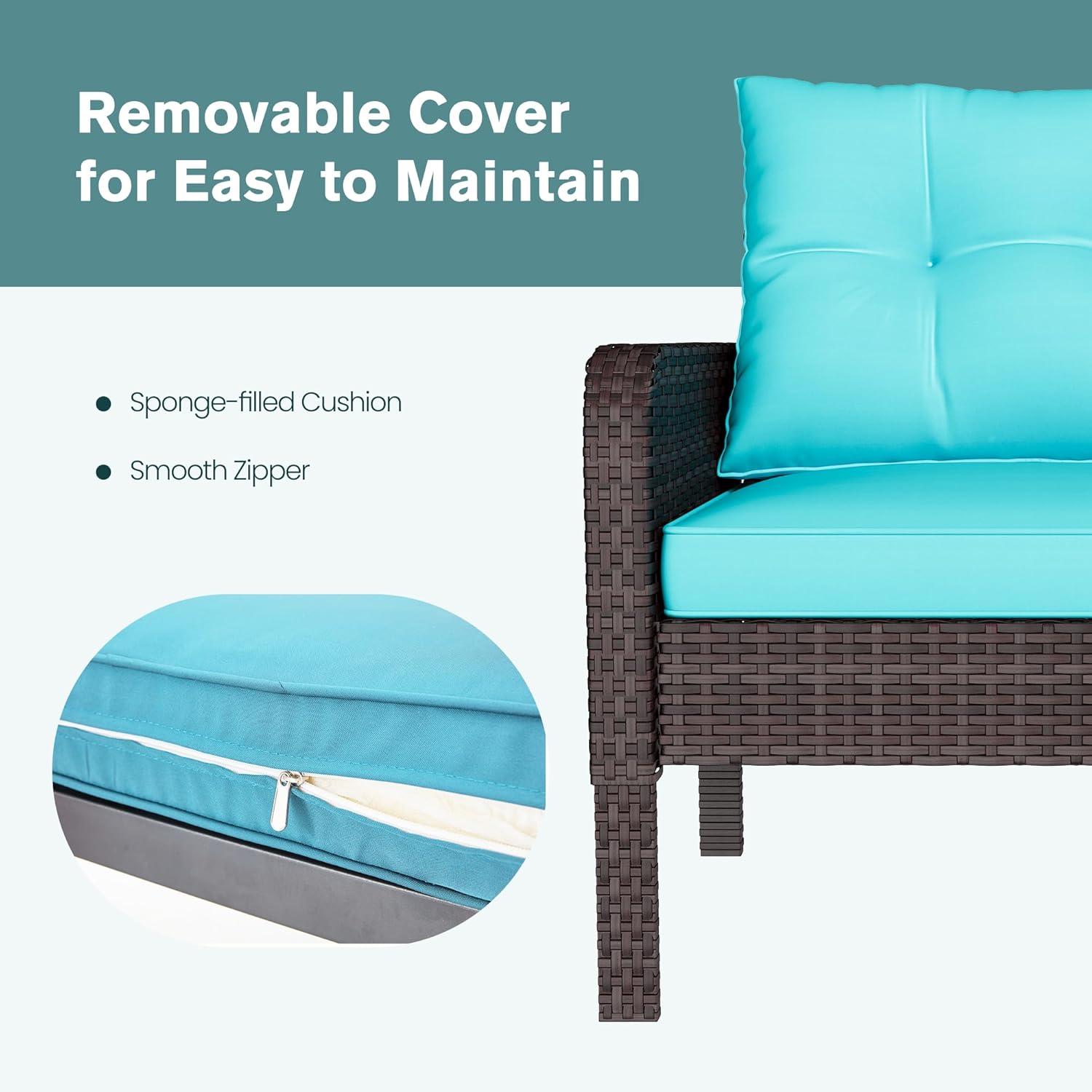 Spaco 5 Pieces Patio Rattan Sofa Ottoman Furniture Set with Cushions, Conversation Set with 2 Single Chairs, 2 Ottomans and A Side Table, Ottoman Furniture Set for Outdoor, Turquoise