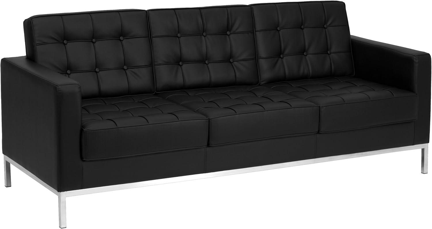 Modern Black Faux Leather Tufted Reception Sofa with Metal Frame