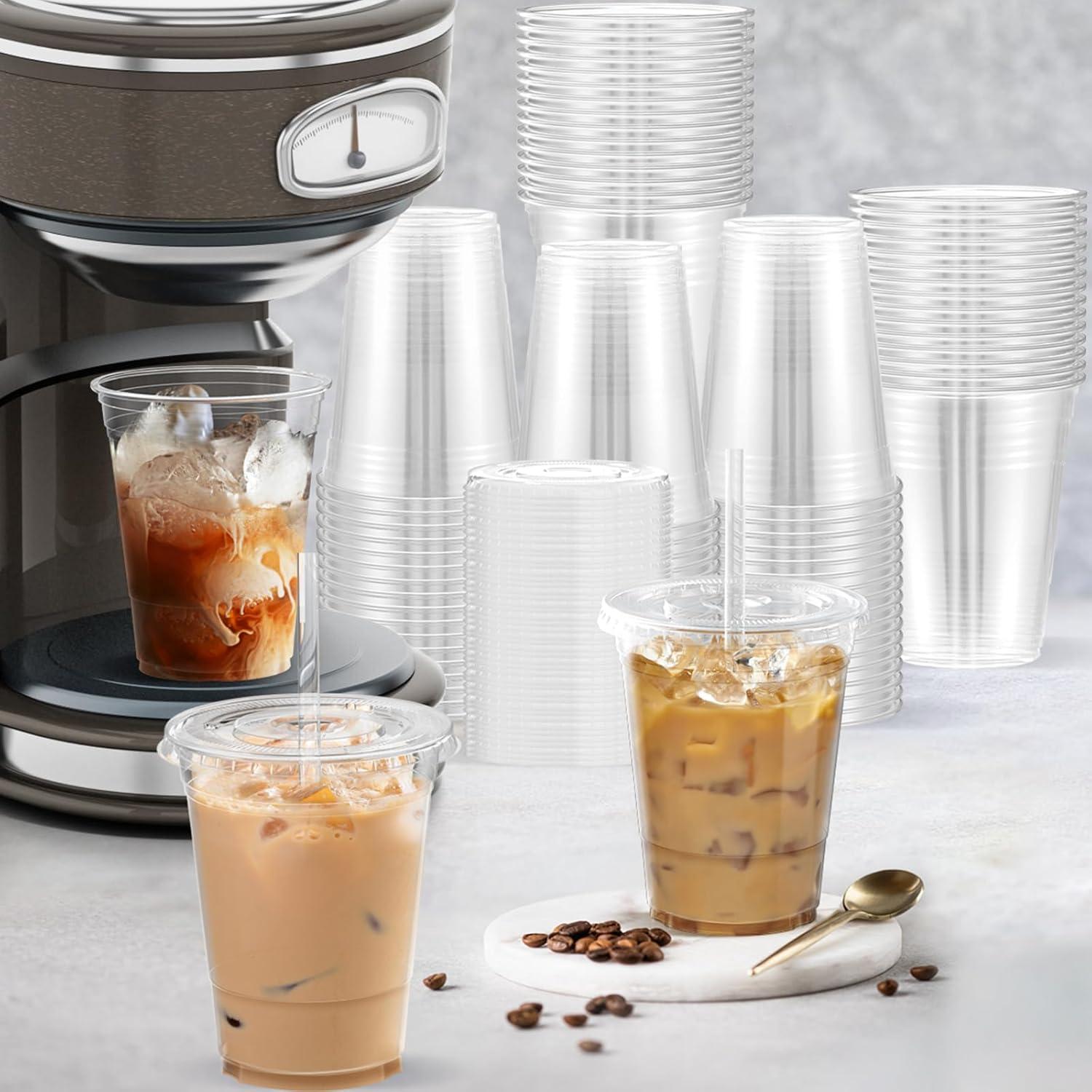 100 Pack - 16 oz Clear Plastic Cups with Lids, Sturdy & Food Safe Iced Coffee Cups with lids, Iced Coffee Cup, Disposable Cups Plastic Coffee Cups Smoothie Cups for Cold Drinks, Sip Lids