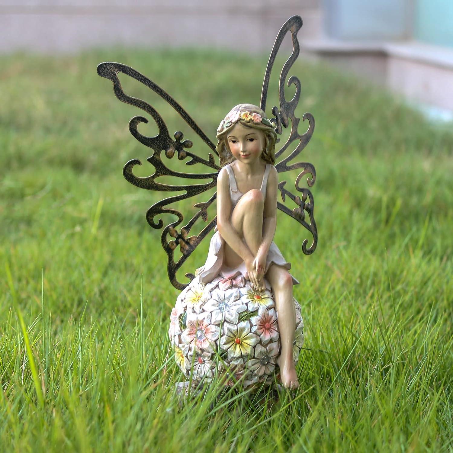 Solar Powered Resin Flower Fairy Garden Statue, 9.45 Inches Tall