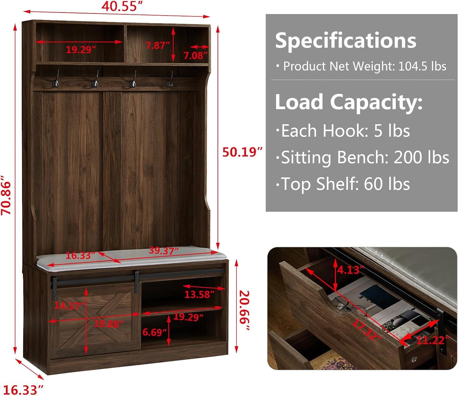 Betoko Hall Trees with Bench and Coat Racks, Farmhouse 71 Inch Entryway Bench with Sliding Barn Door, Wood Coat Tree Mudroom Storage Benches with Drawers (Walnut)