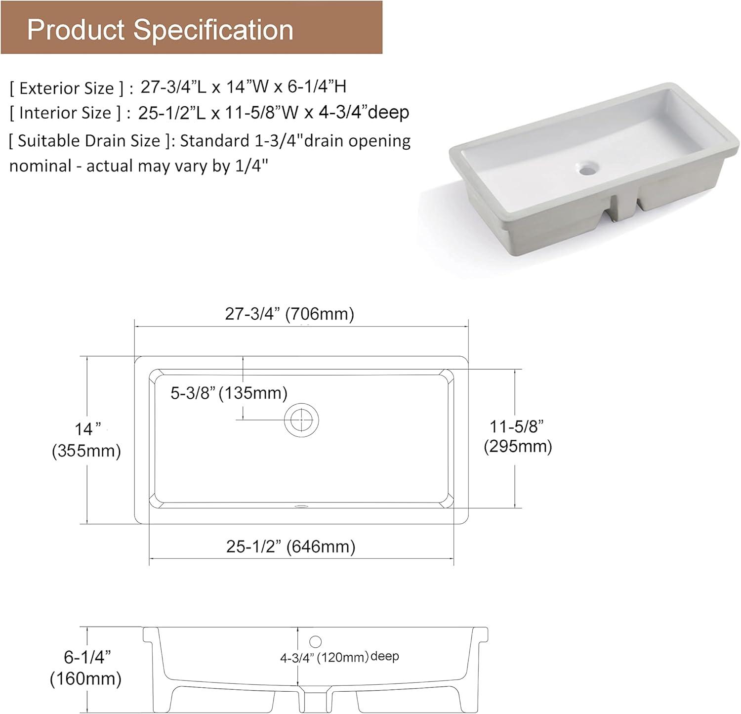 MEJE 28x14 Inch Rectangle Undermount Bathroom Sink, Ceramic sink bathroom undermount, White