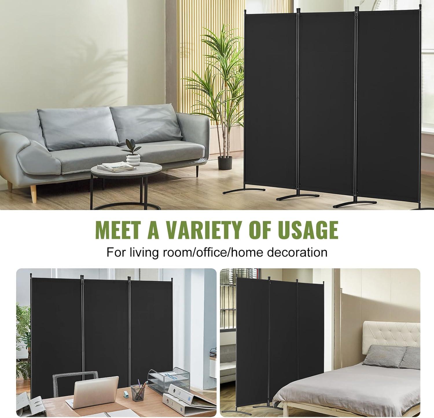 Vevor BLPF10271INC0V93EV0 102 x 71 in. 3-Panel Room Dividers & Folding Privacy Screens, Fabric Partition - Black