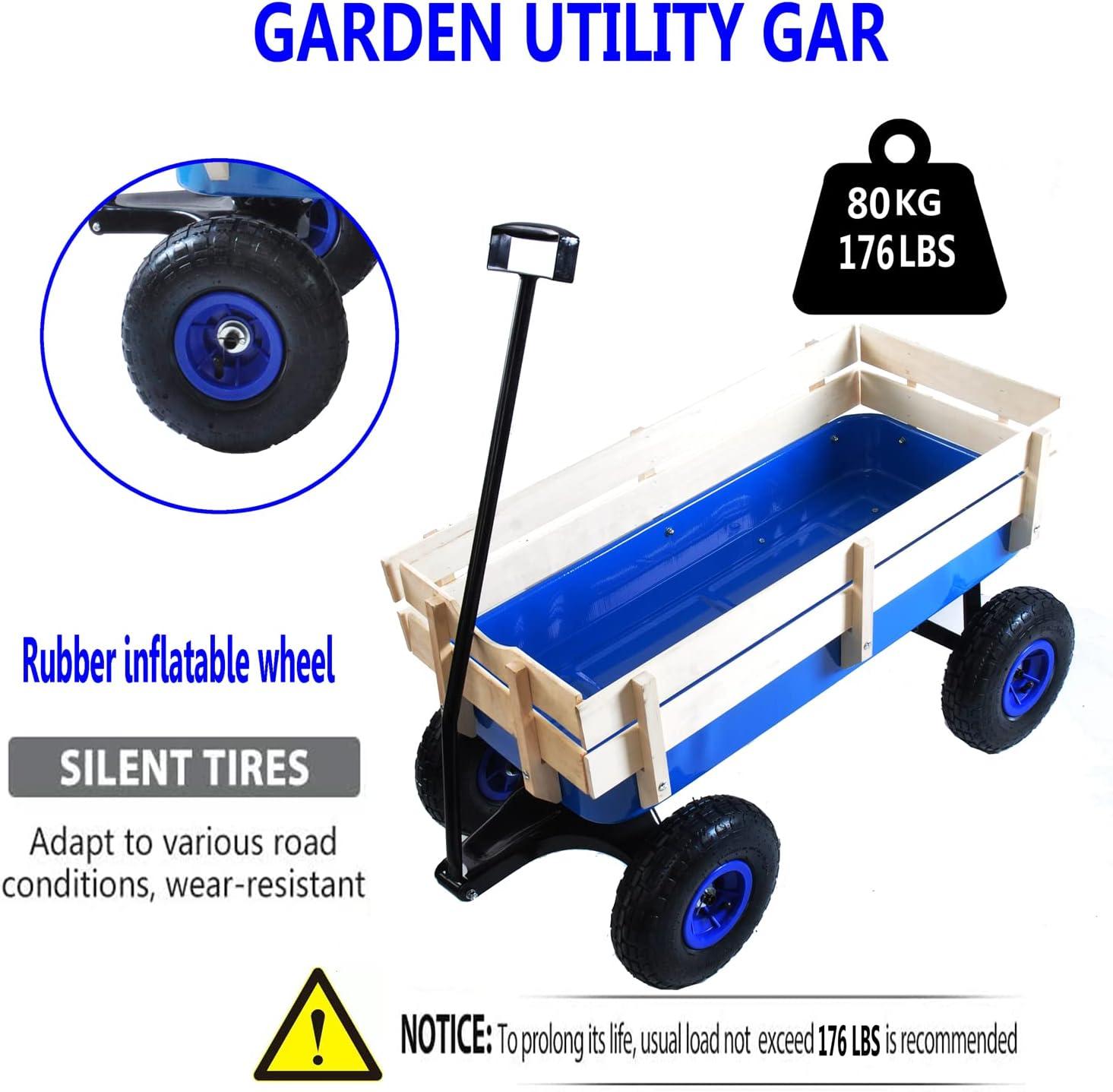 Outdoor Wagon Cart All Terrain Pulling Garden, Garden Cart Steel Hand Cart with Removable Wooden Railing & Air Tires, Big Foot Panel Wagon Children Pull-Along Wagon with Extra-long Handle, Blue