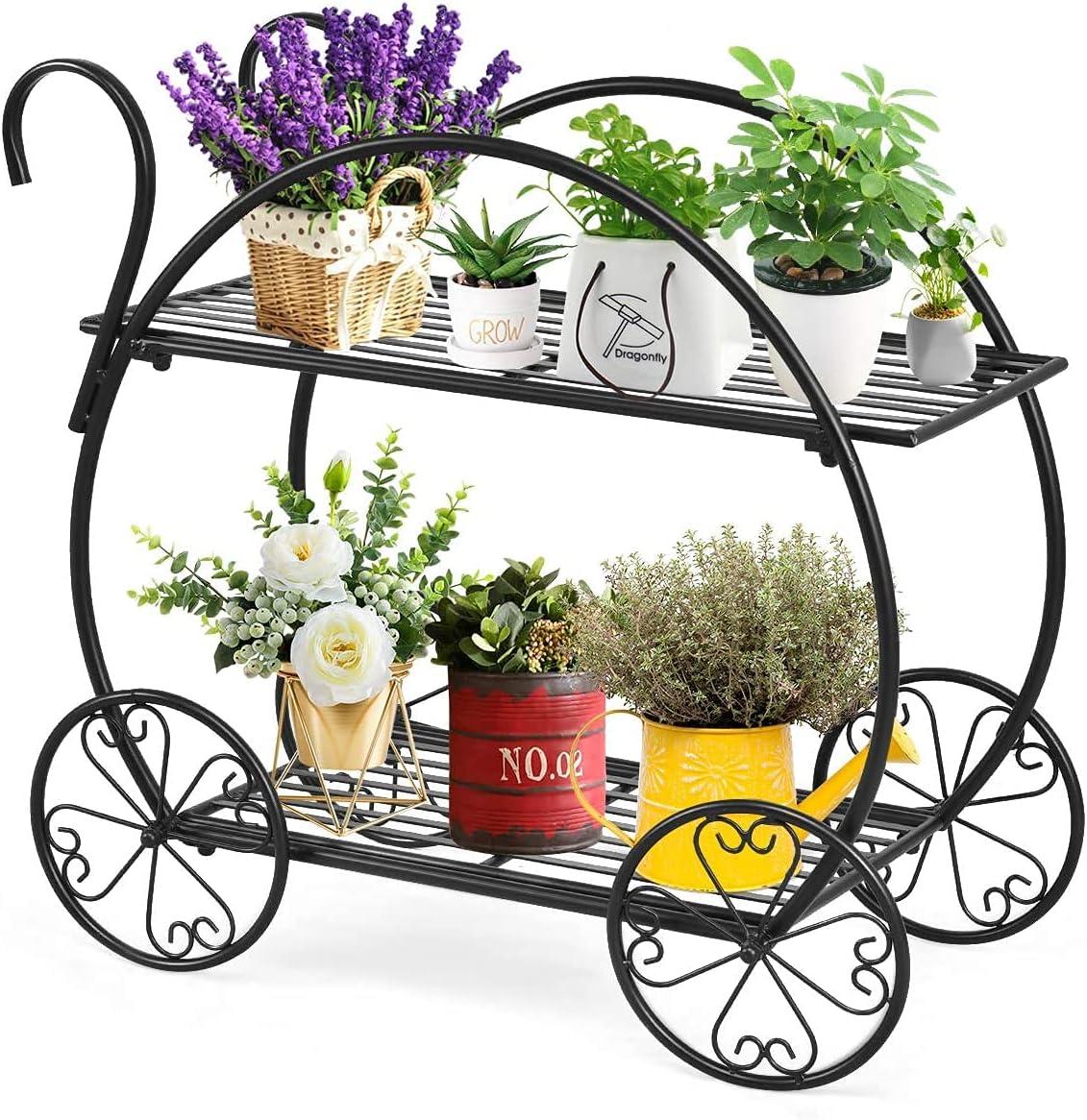 GRAFFY Metal Plant Stand, 2 Tiered Garden Cart Shelf with 4 Decorative Wheels, Parisian Style Flower Pot, Holder Display Shelf for Home Patio Garden Flower Shop