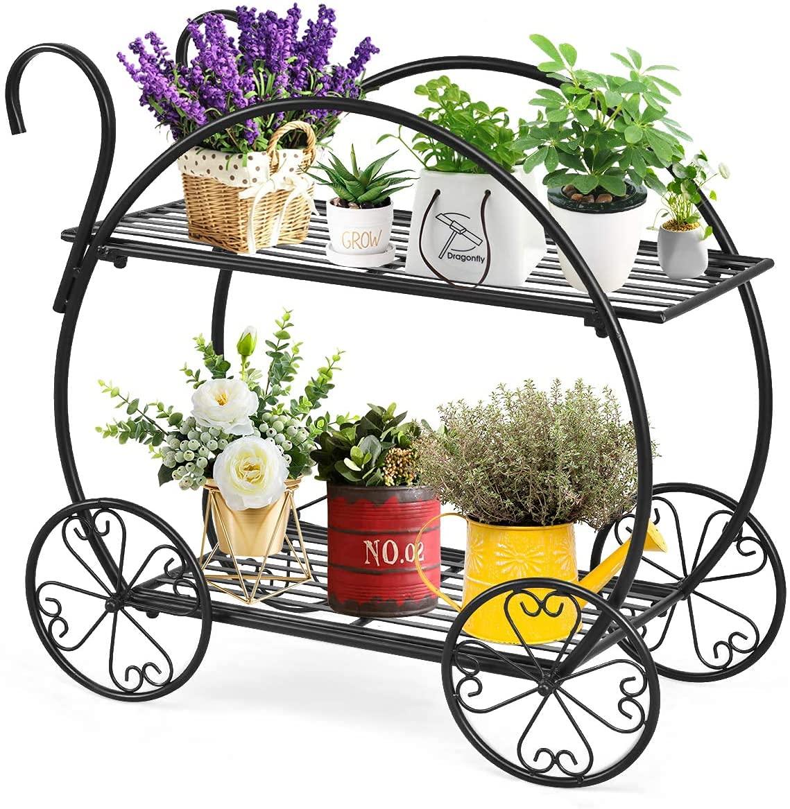 GRAFFY Metal Plant Stand, 2 Tiered Garden Cart Shelf with 4 Decorative Wheels, Parisian Style Flower Pot, Holder Display Shelf for Home Patio Garden Flower Shop