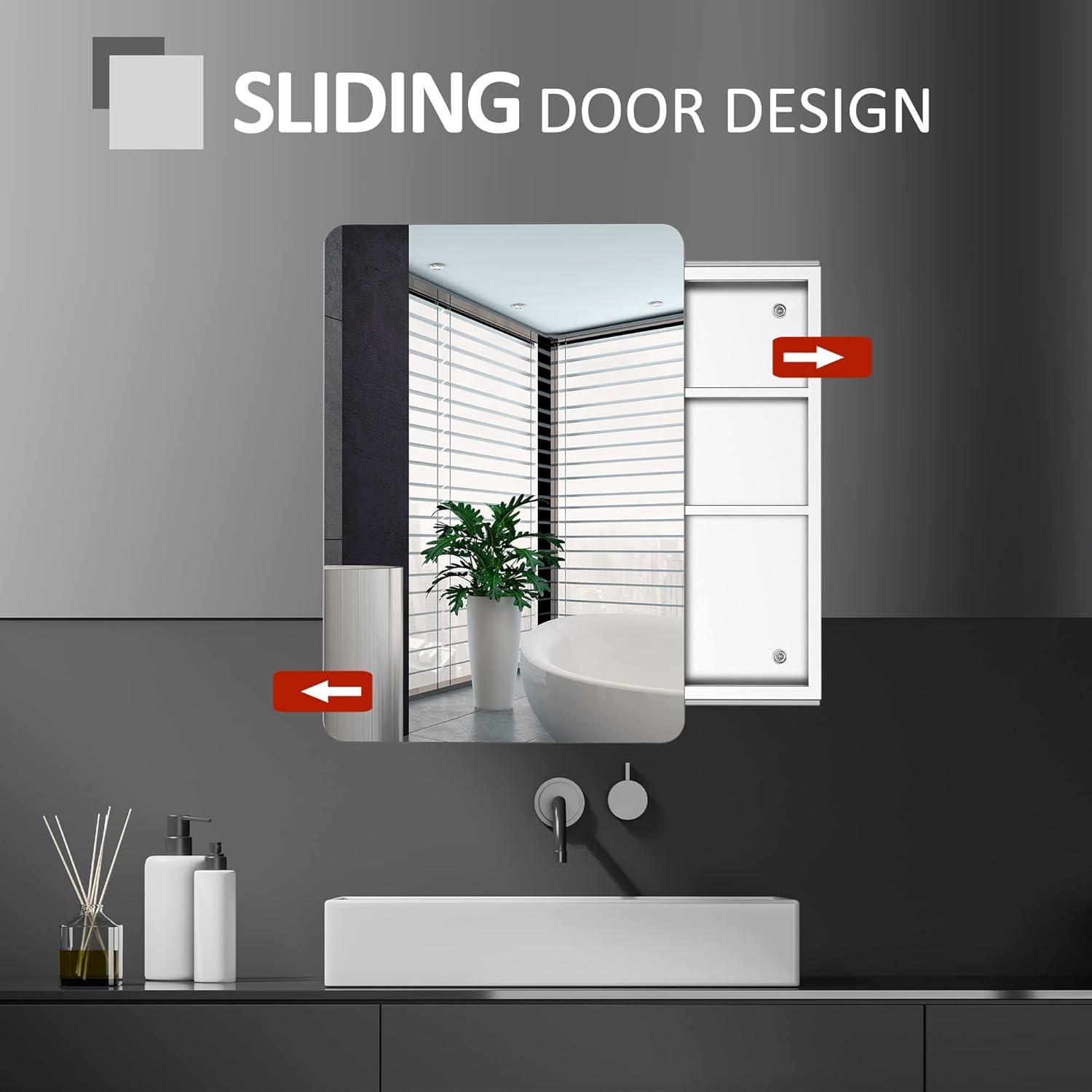 kleankin 18'' x 26'' Wall Mount Bathroom Medicine Cabinet Mirror Sliding Door with 3-Tier Storage Shelf, Stainless Steel, for Living Room Bedroom