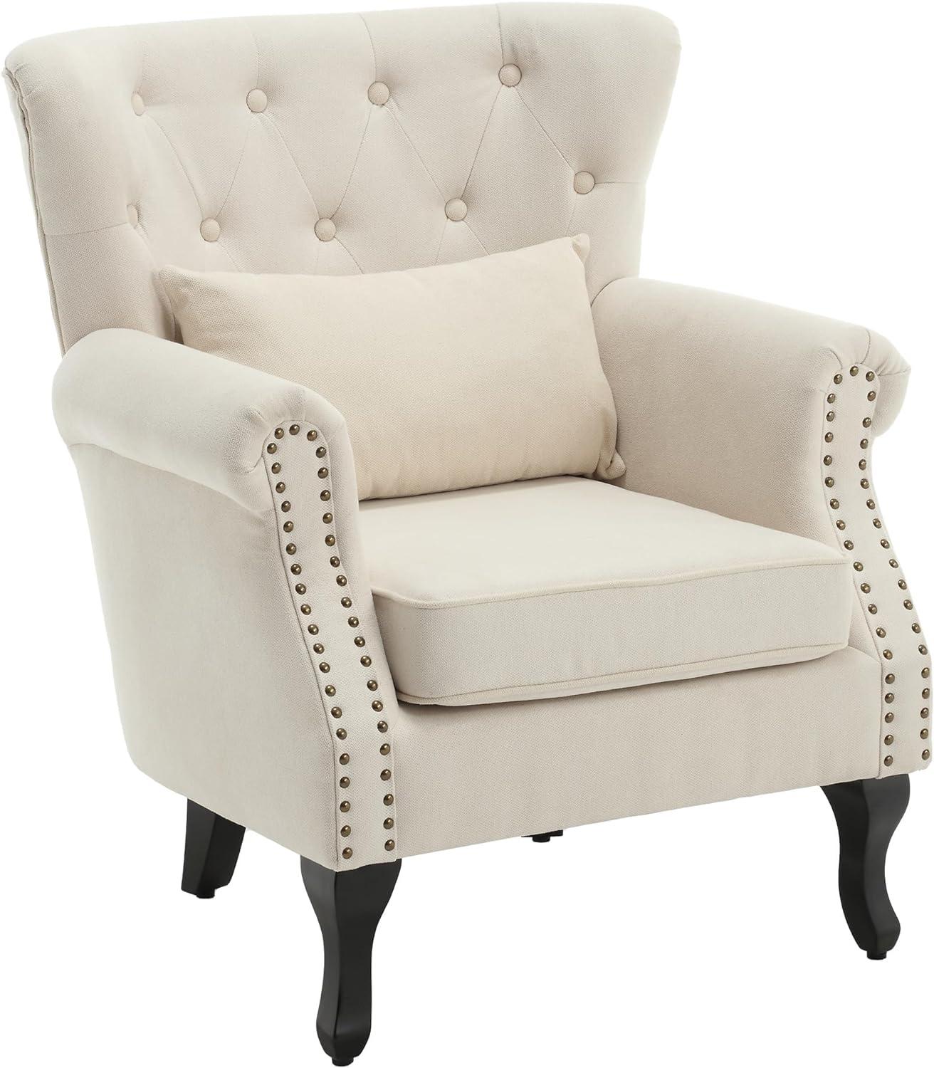 Beige Tufted Leather Accent Chair with Wood Legs