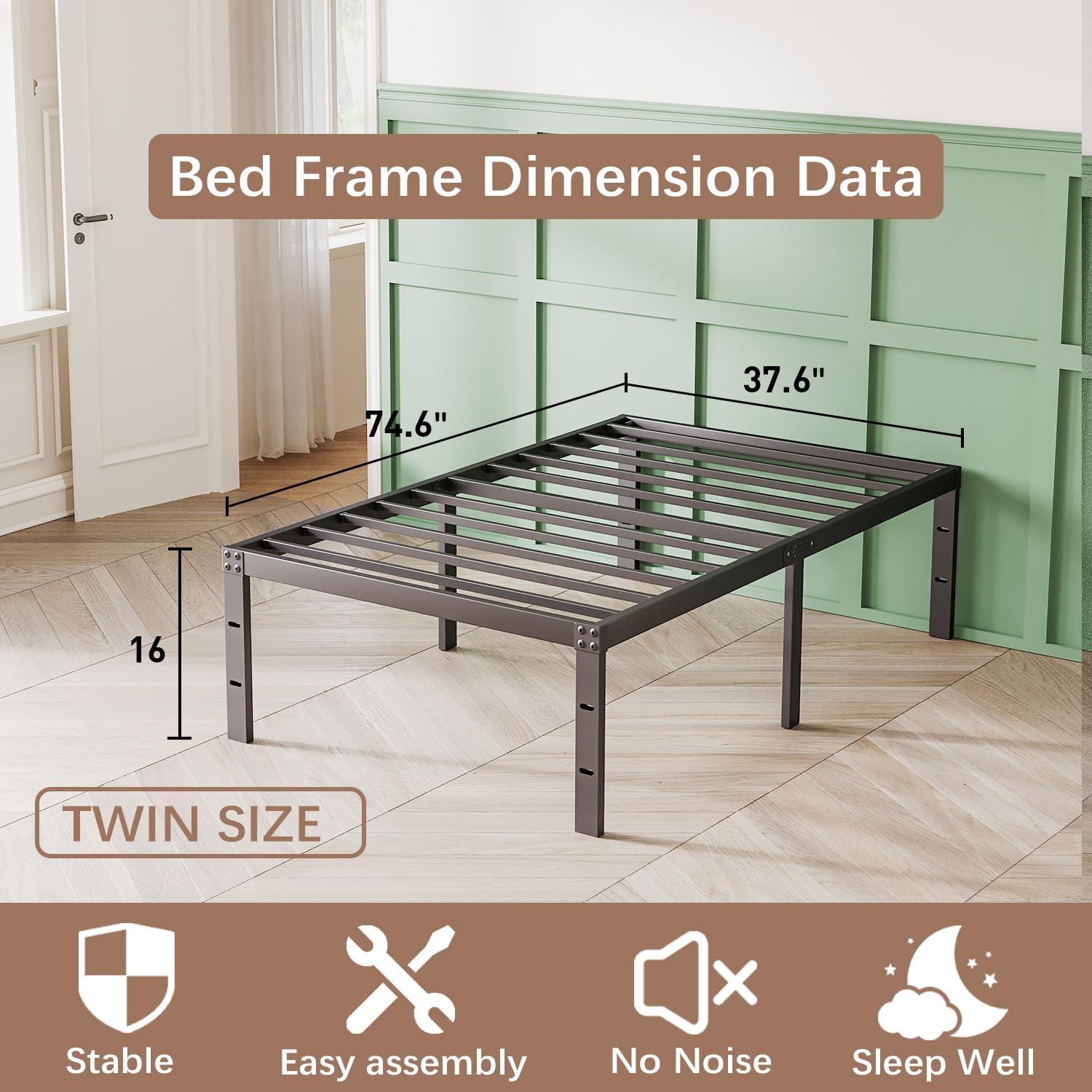 Twin Metal Bed Frame - 16 Inch Tall, No Box Spring Needed, Heavy Duty Platform With Storage Space, Sturdy Non-Slip Noiseless
