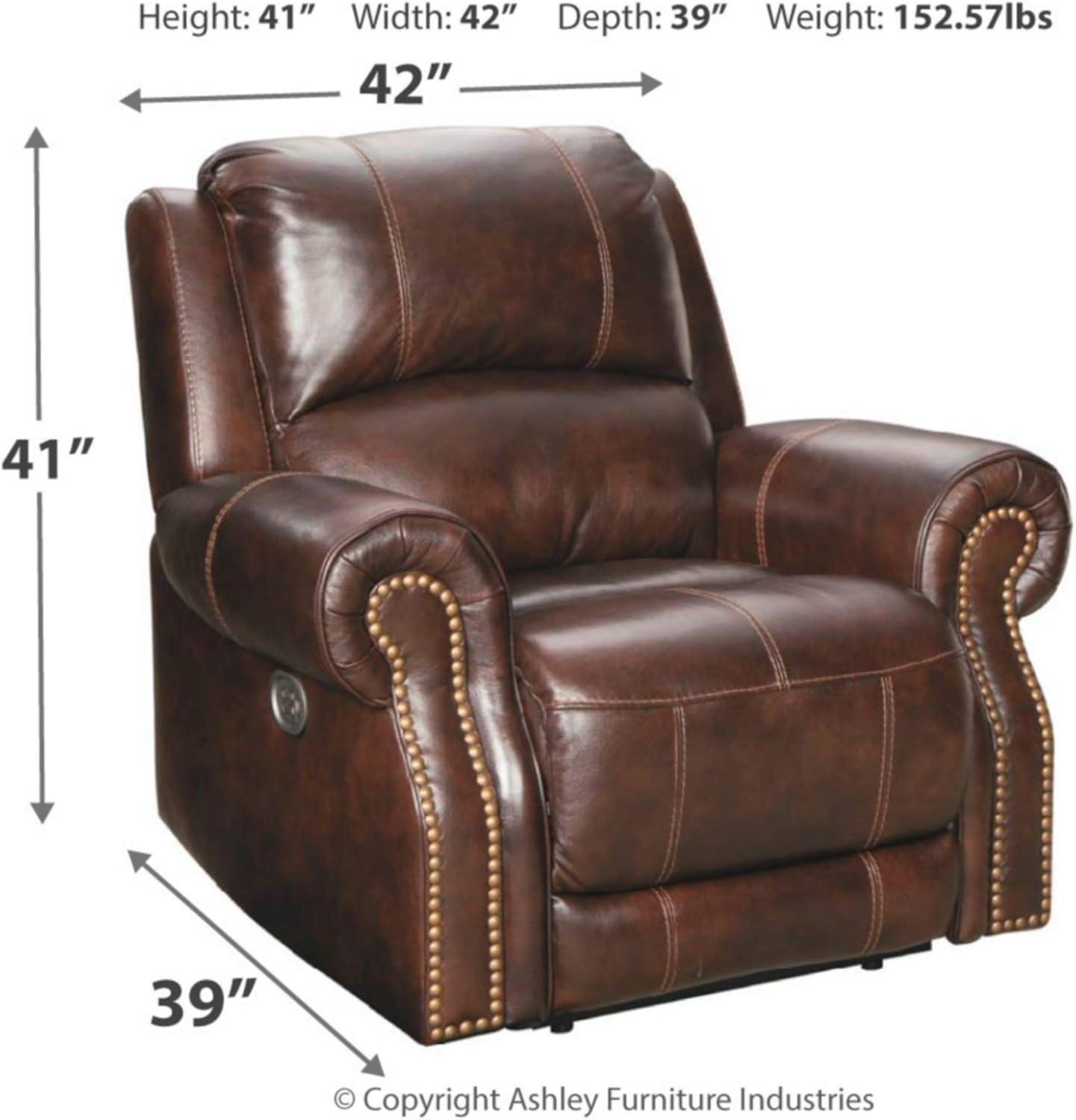Traditional Brown Leather Power Recliner with Nailhead Trim
