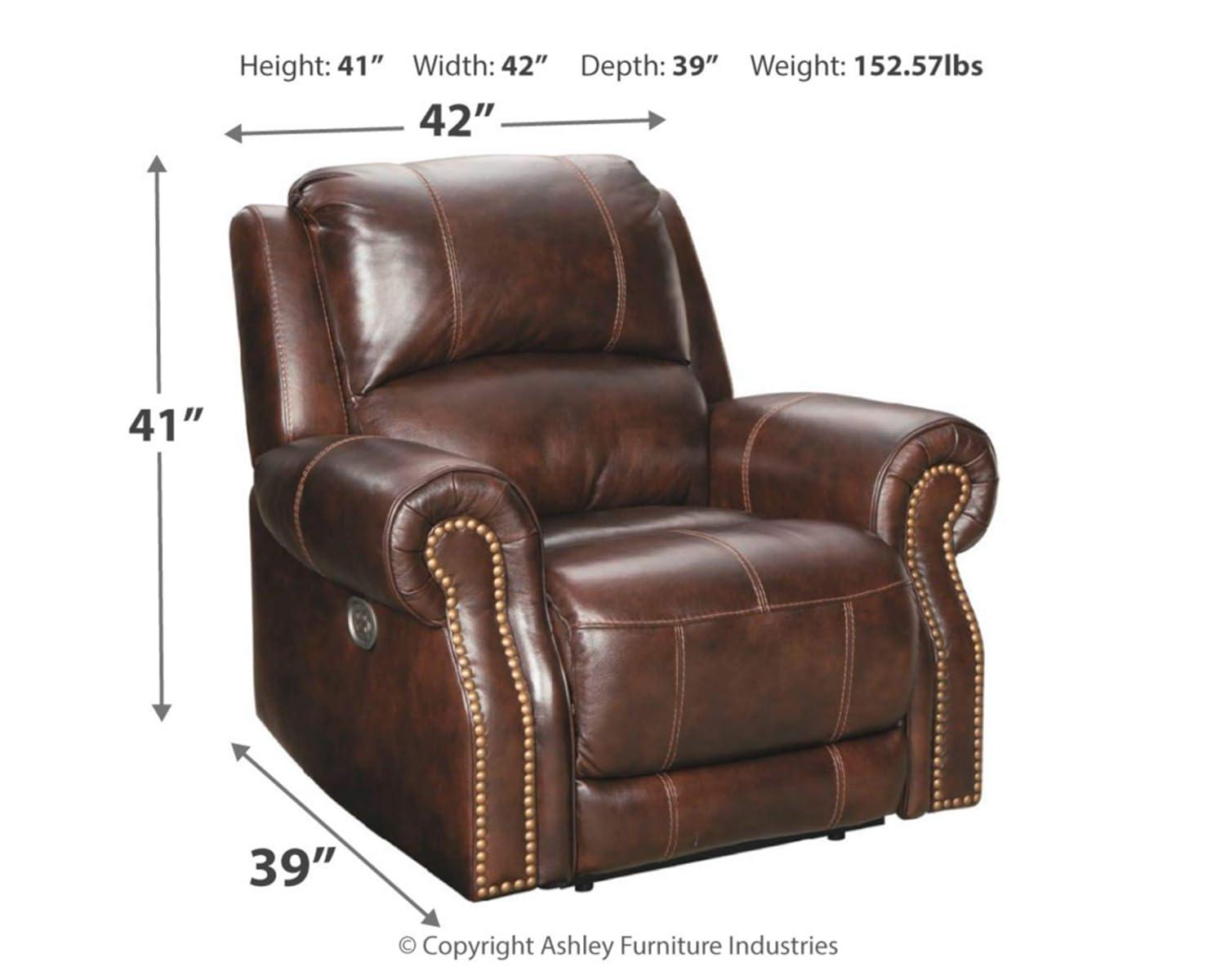 Traditional Brown Leather Power Recliner with Nailhead Trim
