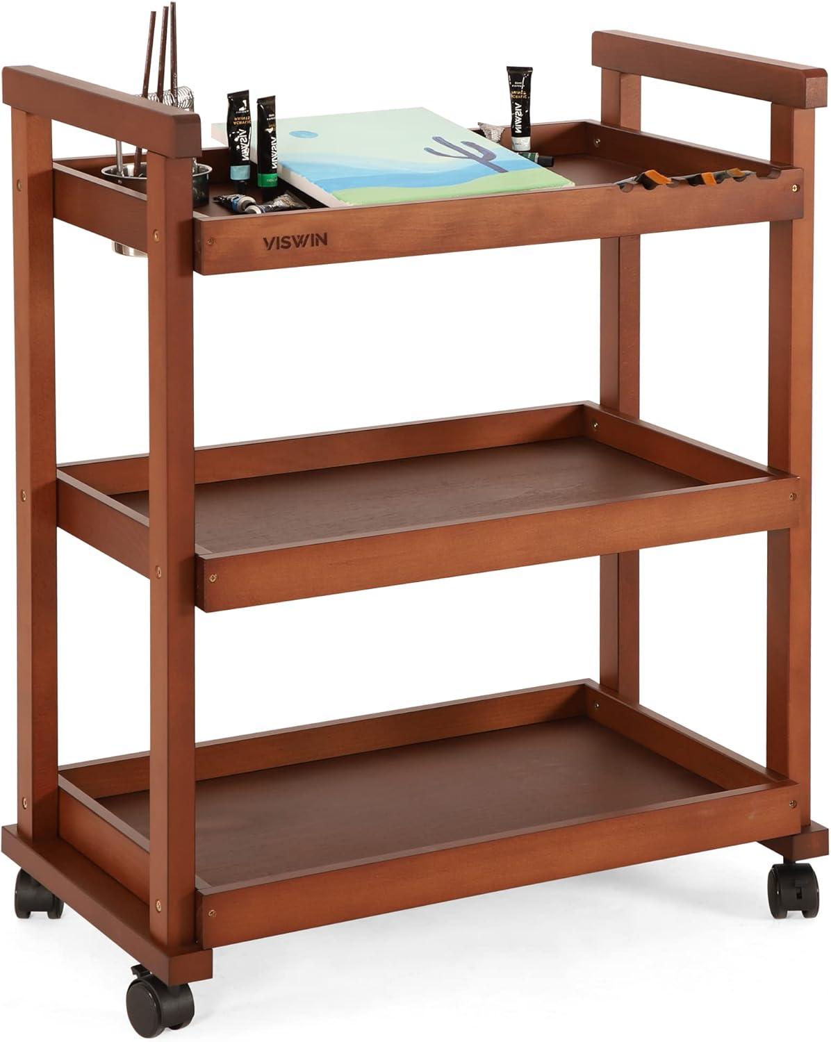 VISWIN 37" Walnut Beech Wood 3-Tier Art Cart with Wheels