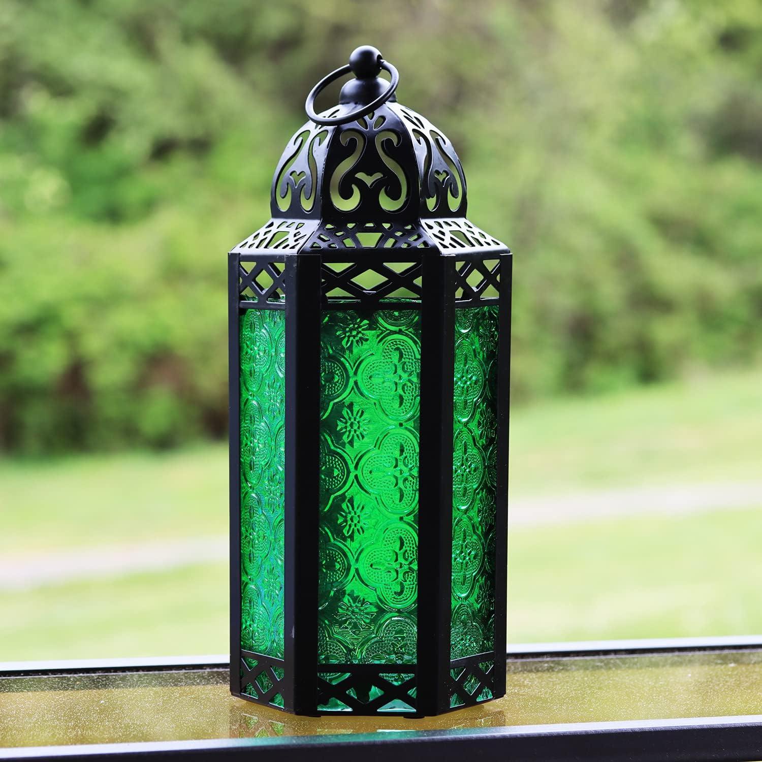10.5" Medium Moroccan Lantern Candle Holder – Black with Green Glass, Metal Decorative Lamp for Indoor/Outdoor Patio or Porch Use, Home Decor, Ramadan, Weddings
