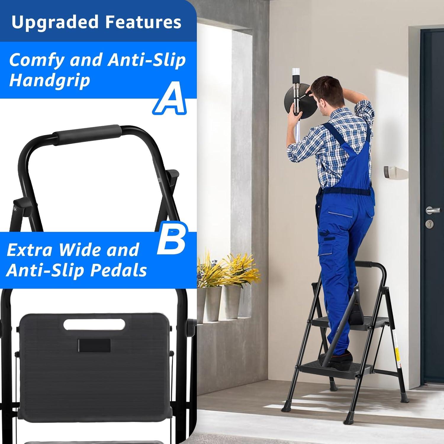 Lifetime Appliance Parts 2-Step Ladder with Wide Anti-Slip Platform & Thick Rubber feet - Foldable & Portable - 330 lbs Capacity - BLACK