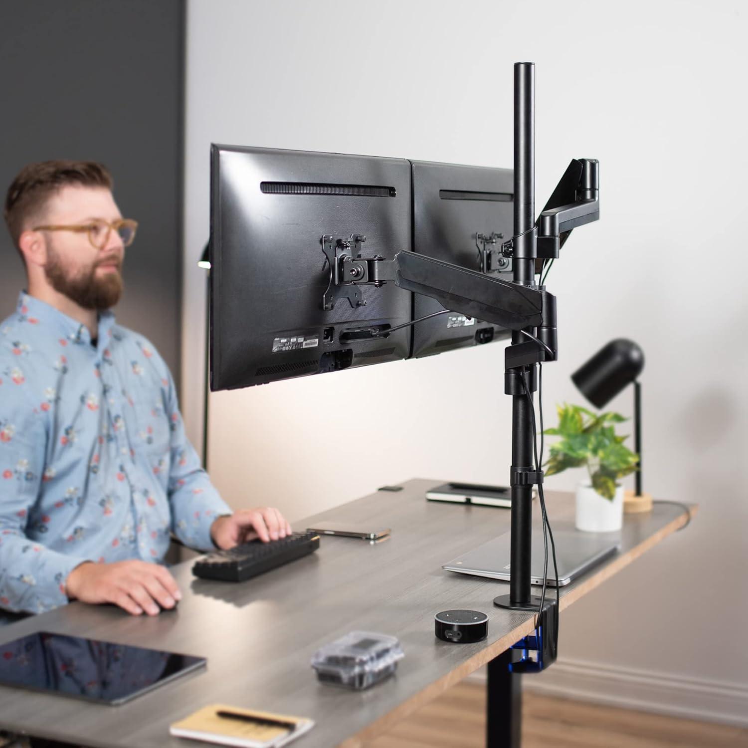 Extra Tall Dual Monitor Black Steel Desk Mount with Pneumatic Spring