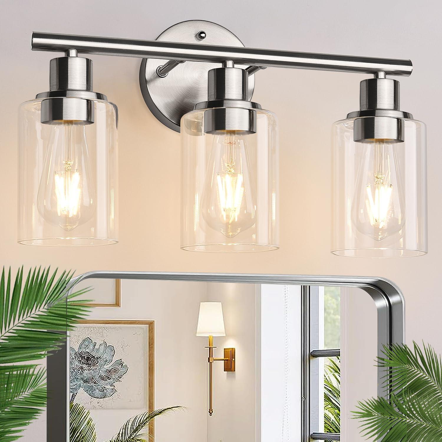 3-Light Bathroom Light Fixtures, Brushed Nickel Vanity Light, Farmhouse Wall Lights with Clear Glass Shade, Bathroom Wall Lamp for Mirror Kitchen Bedroom Hallway Living Room Hallway Cabinet