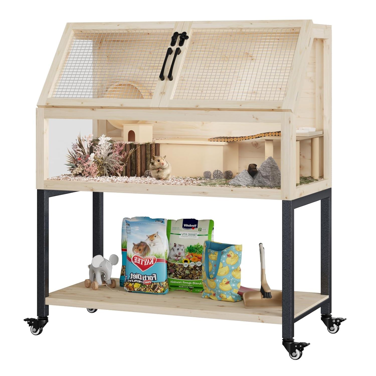 Tucker Murphy Pet™ Wooden Hamster Cage With Storage Shelf,Ventilated Small Animal Cage For Guinea Pig,Rat,Hedgehog,Chinchilla,Large Hamster Cages And Habitats With Acrylic Panels