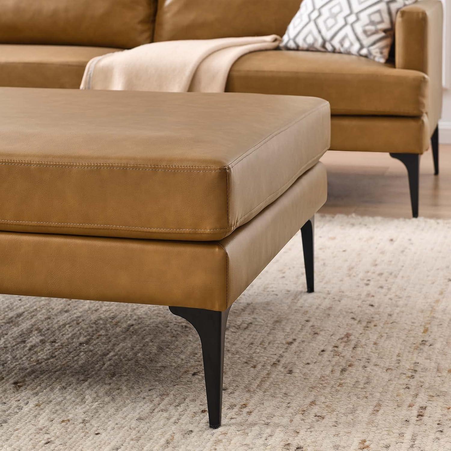 Tan Vegan Leather Square Ottoman with Metal Legs